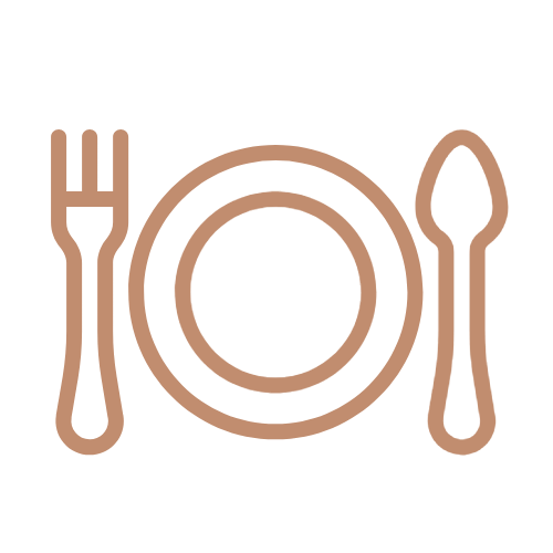 Illustration of a fork on the left, a plate in the center, and a knife on the right.