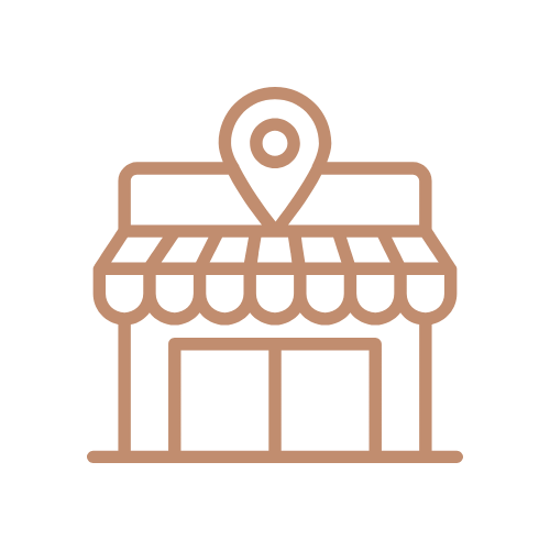Outline icon of a small storefront with a location pin on top