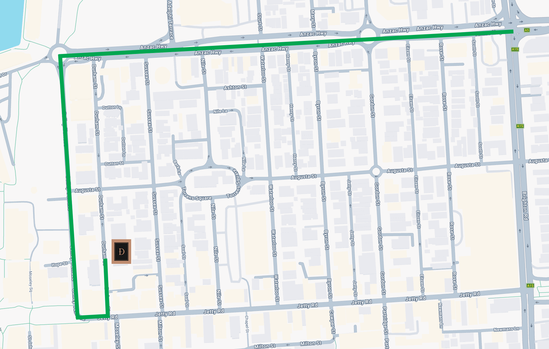 Map showing a highlighted route along Anzac Highway, starting from the right side at the roundabout near Brightmon Road and heading westward, turning south at Dutham Street, and continuing along various streets including Sussex Street and Jetty Road.