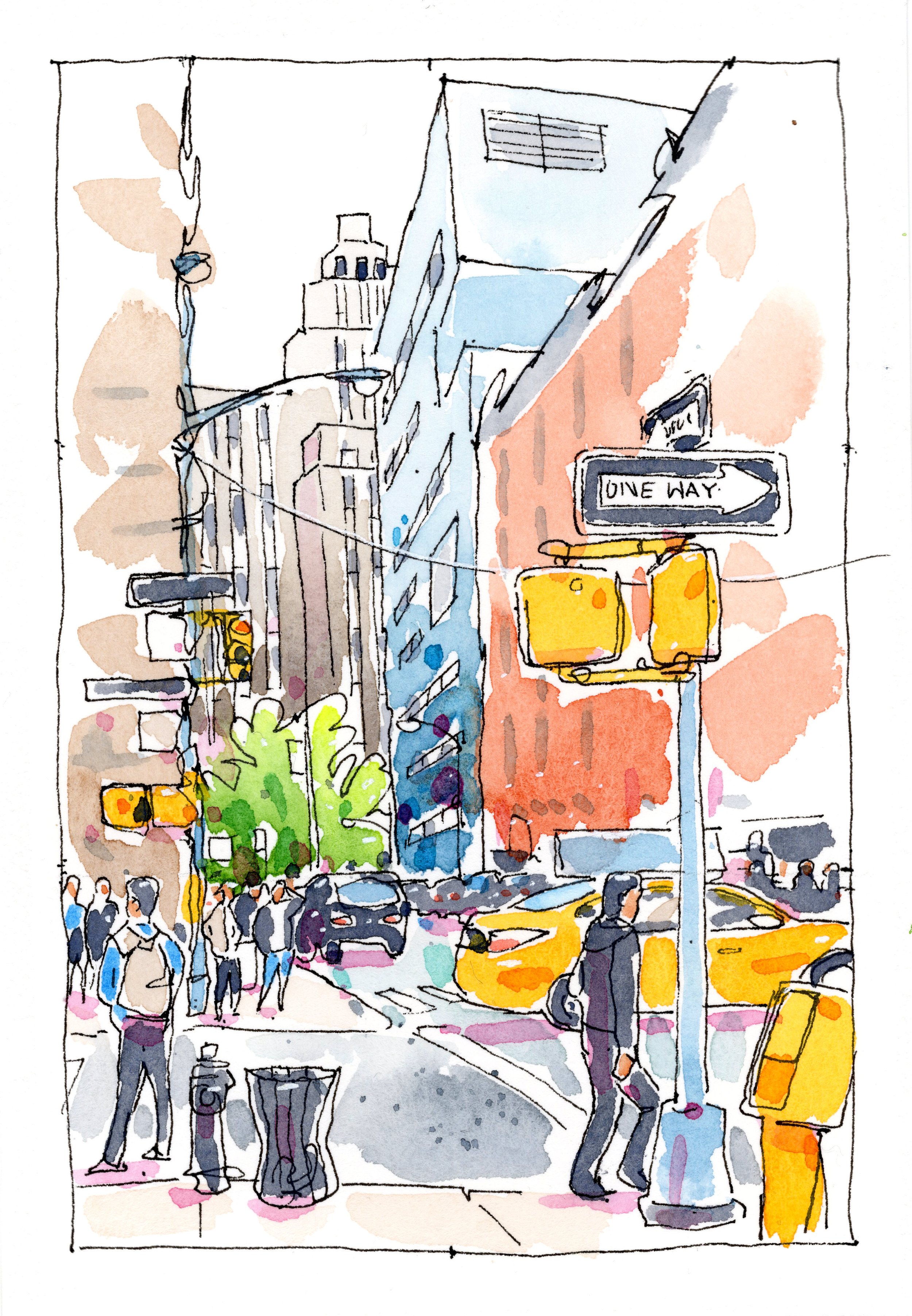 A colorful street scene in an urban area with people walking, yellow taxis, and tall buildings. There are traffic lights, a street sign reading 'One Way,' and a tree near the sidewalk.