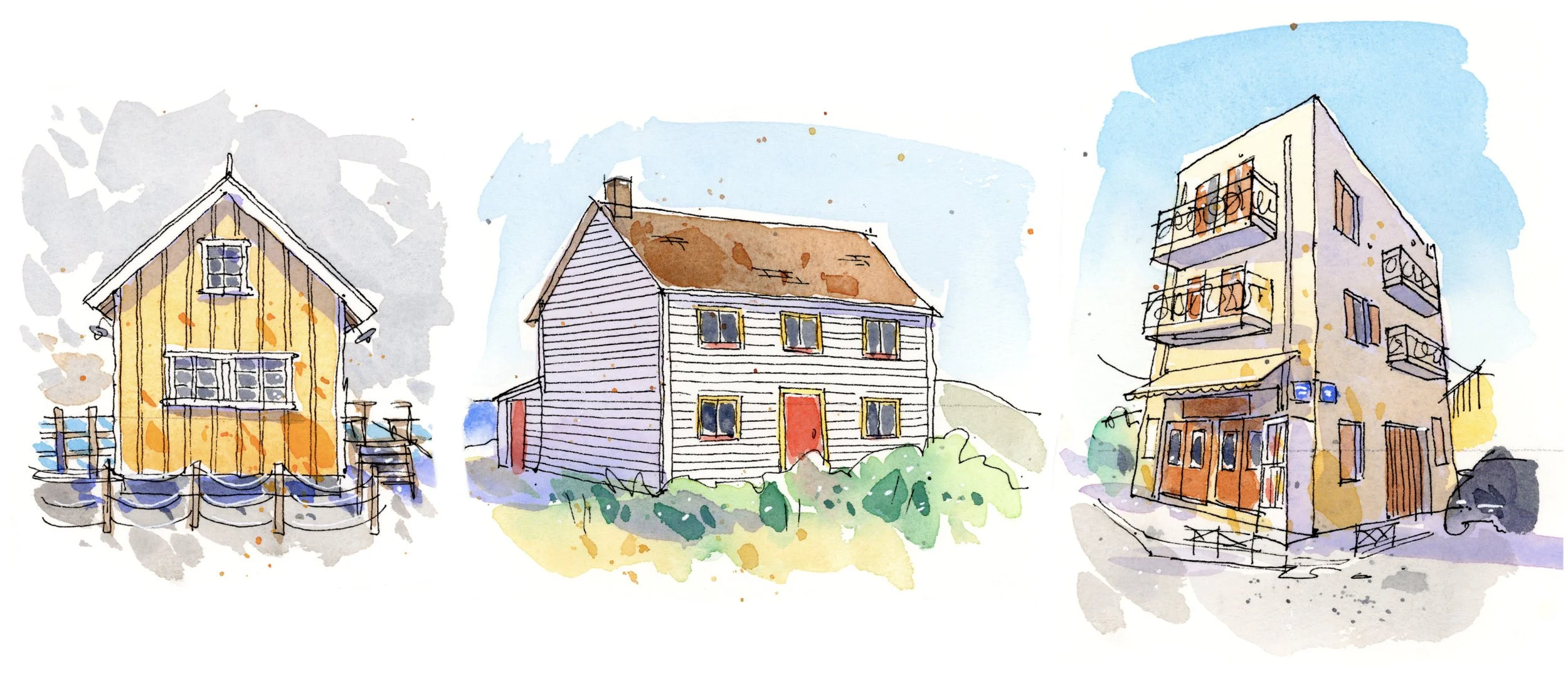 Watercolor illustration of three different houses with varied architecture and colors, set against a light background.