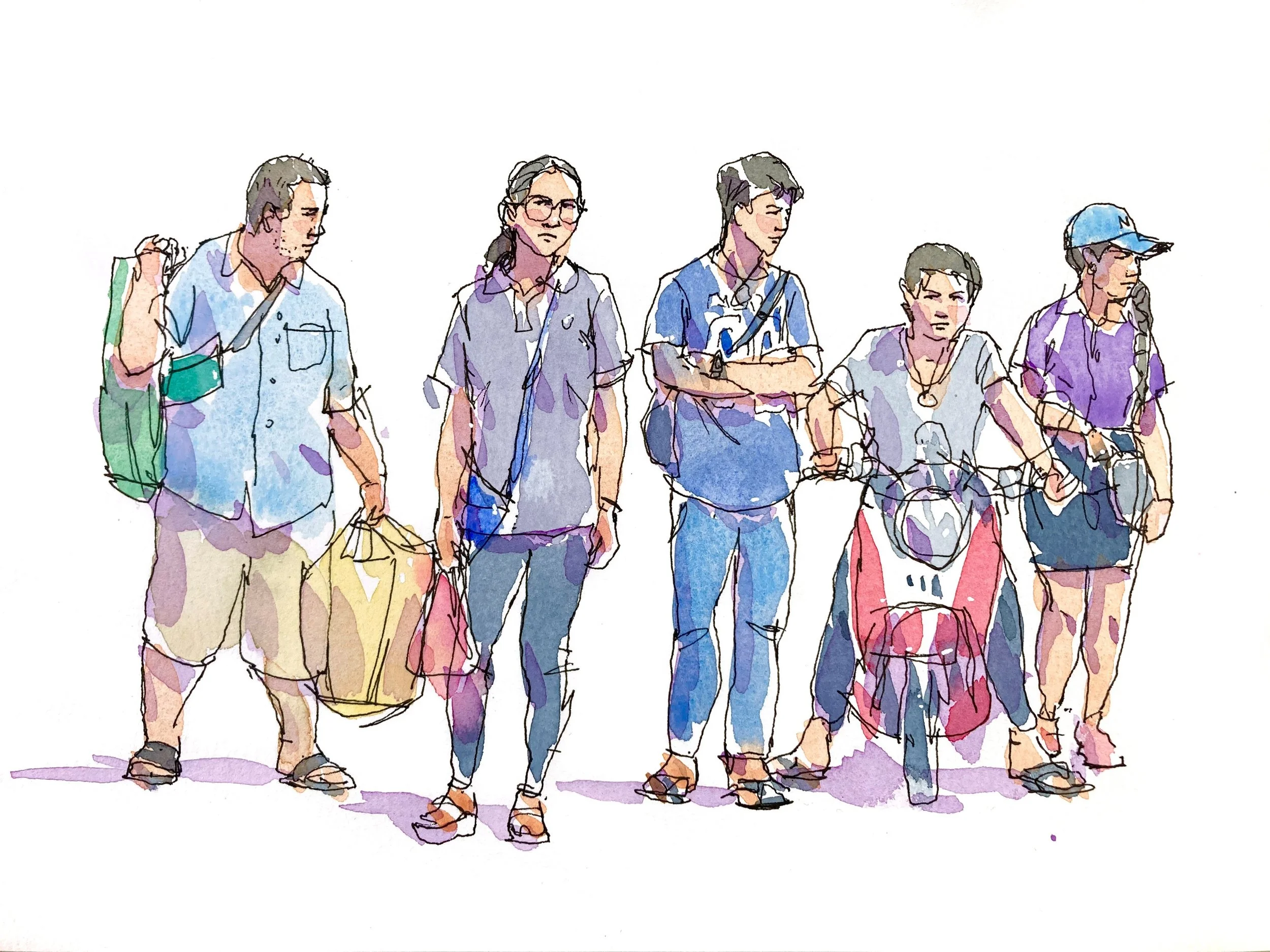 Watercolor illustration of six young people walking together, dressed casually with backpacks and sunglasses.