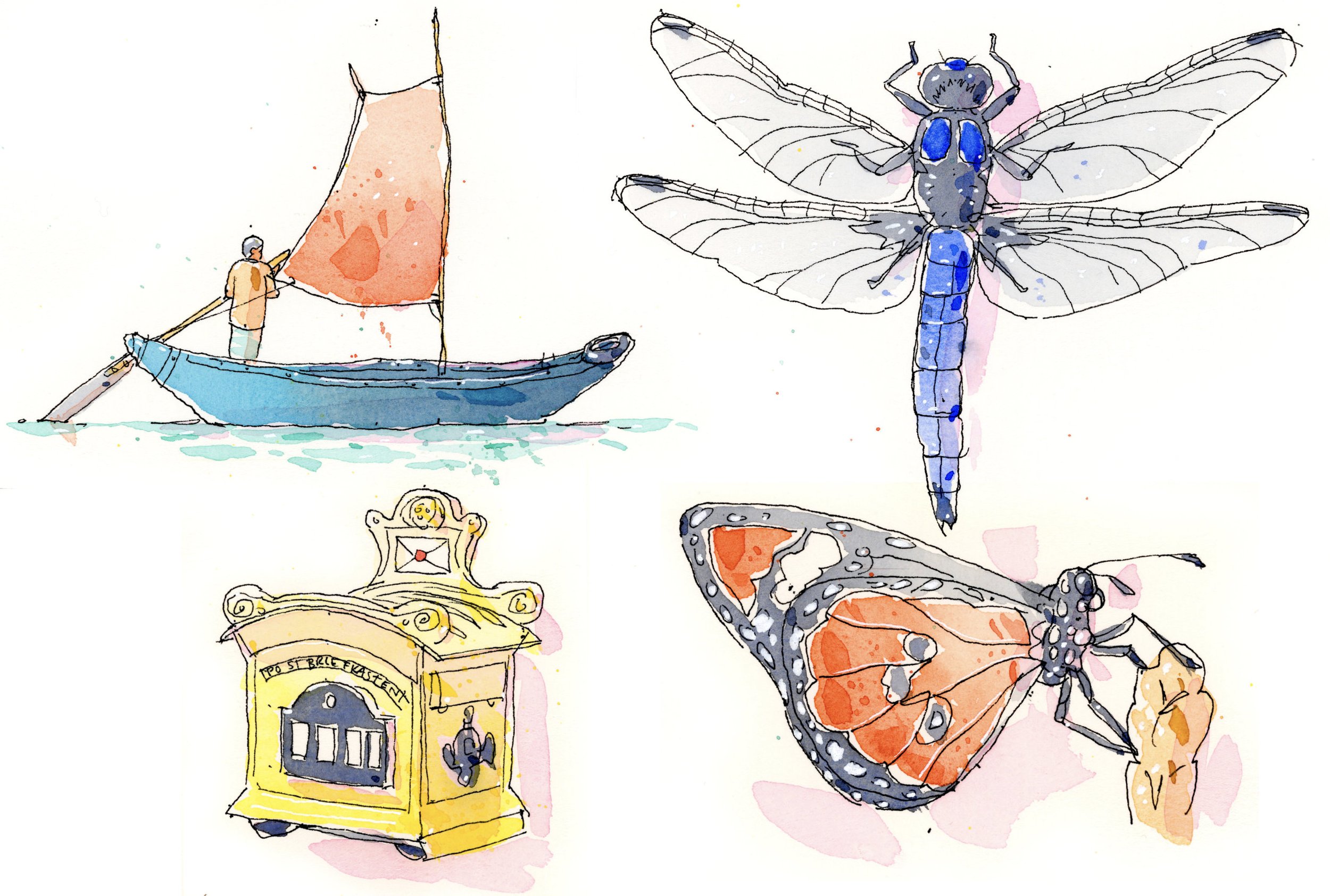 A watercolor illustration featuring a person sailing a small blue boat with orange sails, a large blue and black dragonfly, a yellow vintage bakery or pastry display case, and a butterfly with orange and black wings.