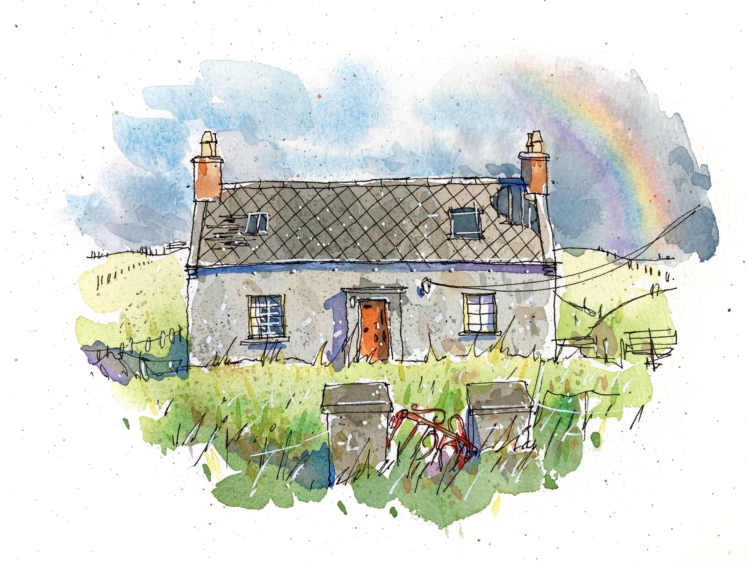 Watercolor illustration of a house with a sloped roof, two chimneys, and a rainbow in the cloudy sky. The house is surrounded by a grassy field with some fencing and gardening tools in front.