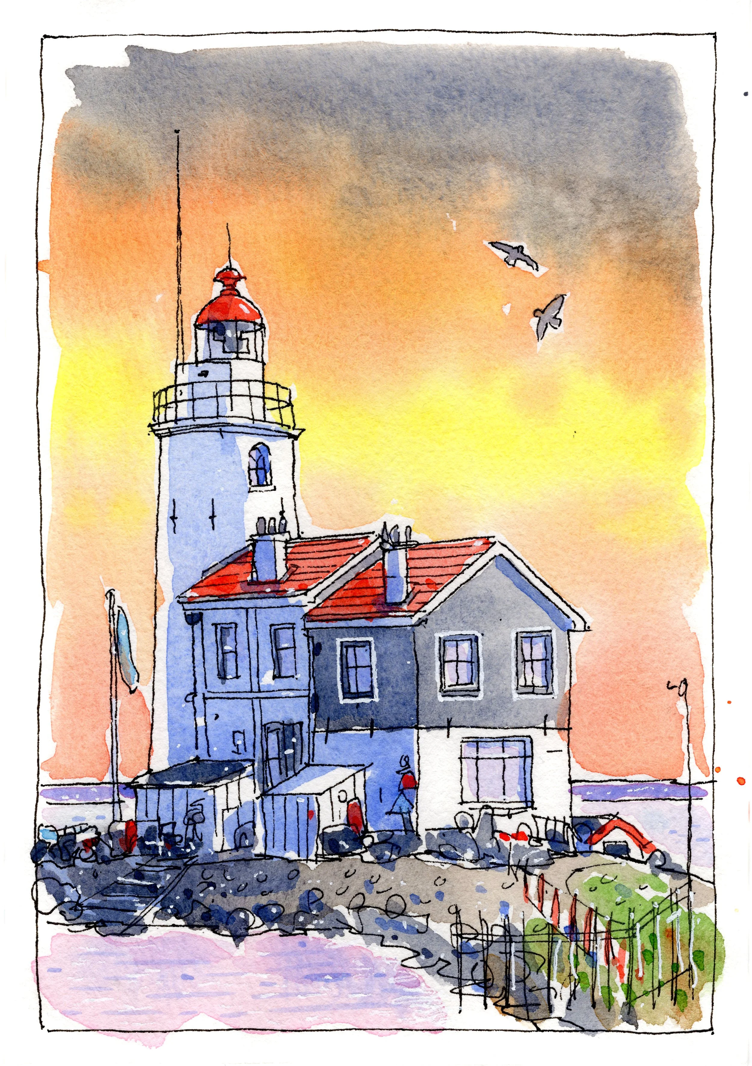A watercolor painting of a lighthouse with a red roof at sunset, featuring seagulls flying in the sky, a rocky shoreline, and a small fenced area with greenery in the foreground.