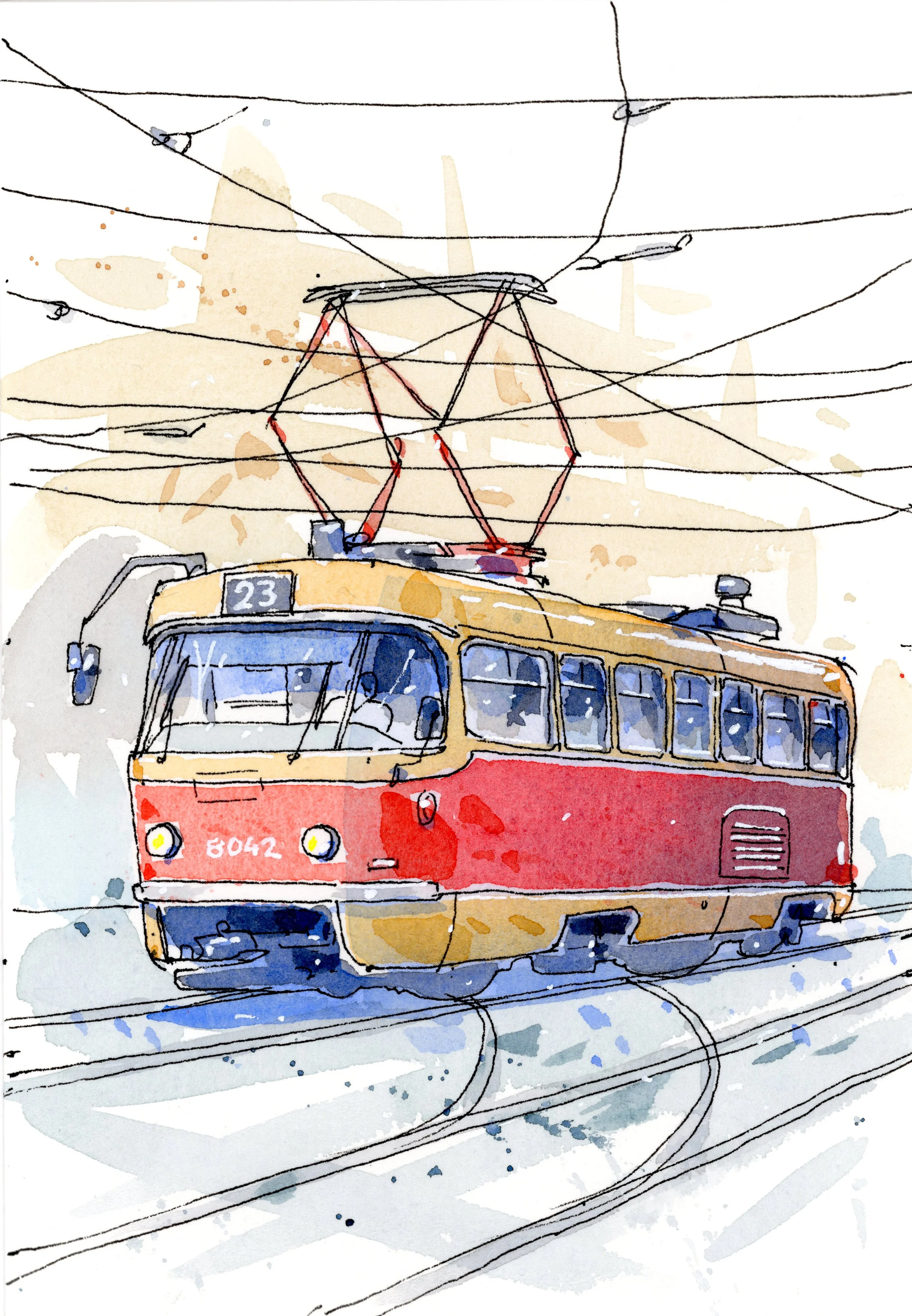 A colorful sketch of a vintage trolley with a yellow and red body, overhead electric wires, and tram tracks underneath, with a beige and light blue background.