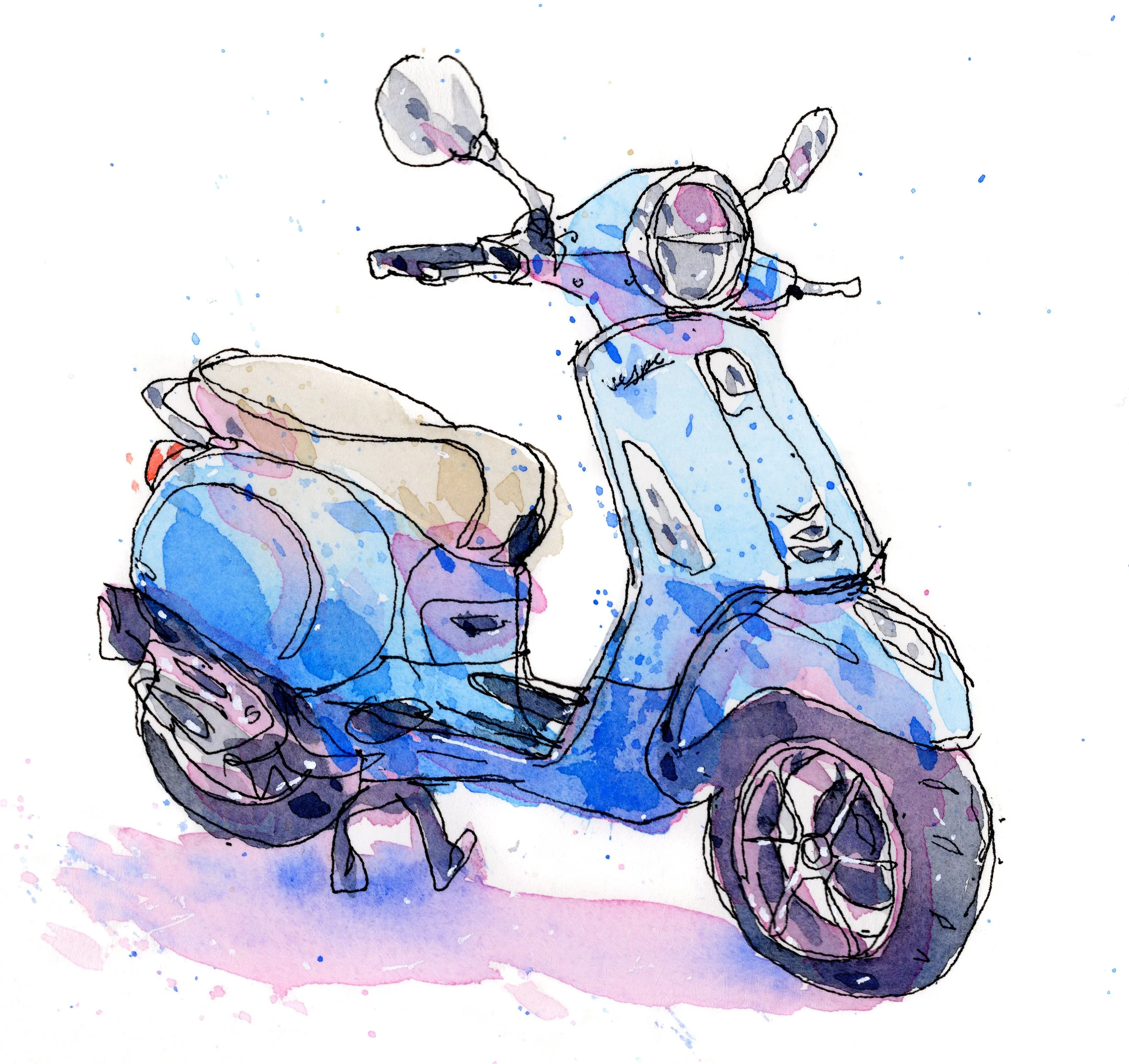 Watercolor illustration of a blue scooter with tan seat and black details, front wheel turned slightly to the right, with color splashes around.