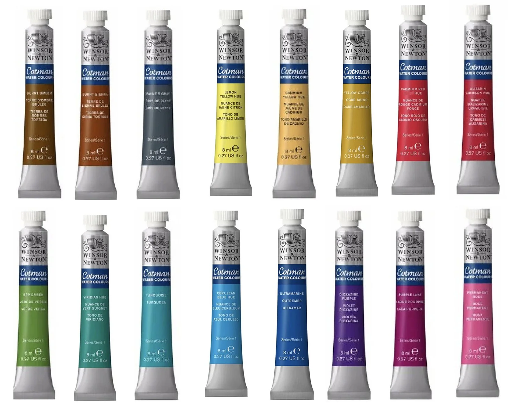 Winsor & Newton Cotmans Tubes (The set linked doesn't have Paynes Grey so you might need to buy that separately) 
COLORS I USE: Lemon Yellow Hue/Cadmium Yellow Hue/Cadmium Red Hue/Alizarin Crimson Hue/Permanent Rose/Dioxazine Purple/Ultramarine/Cerul
