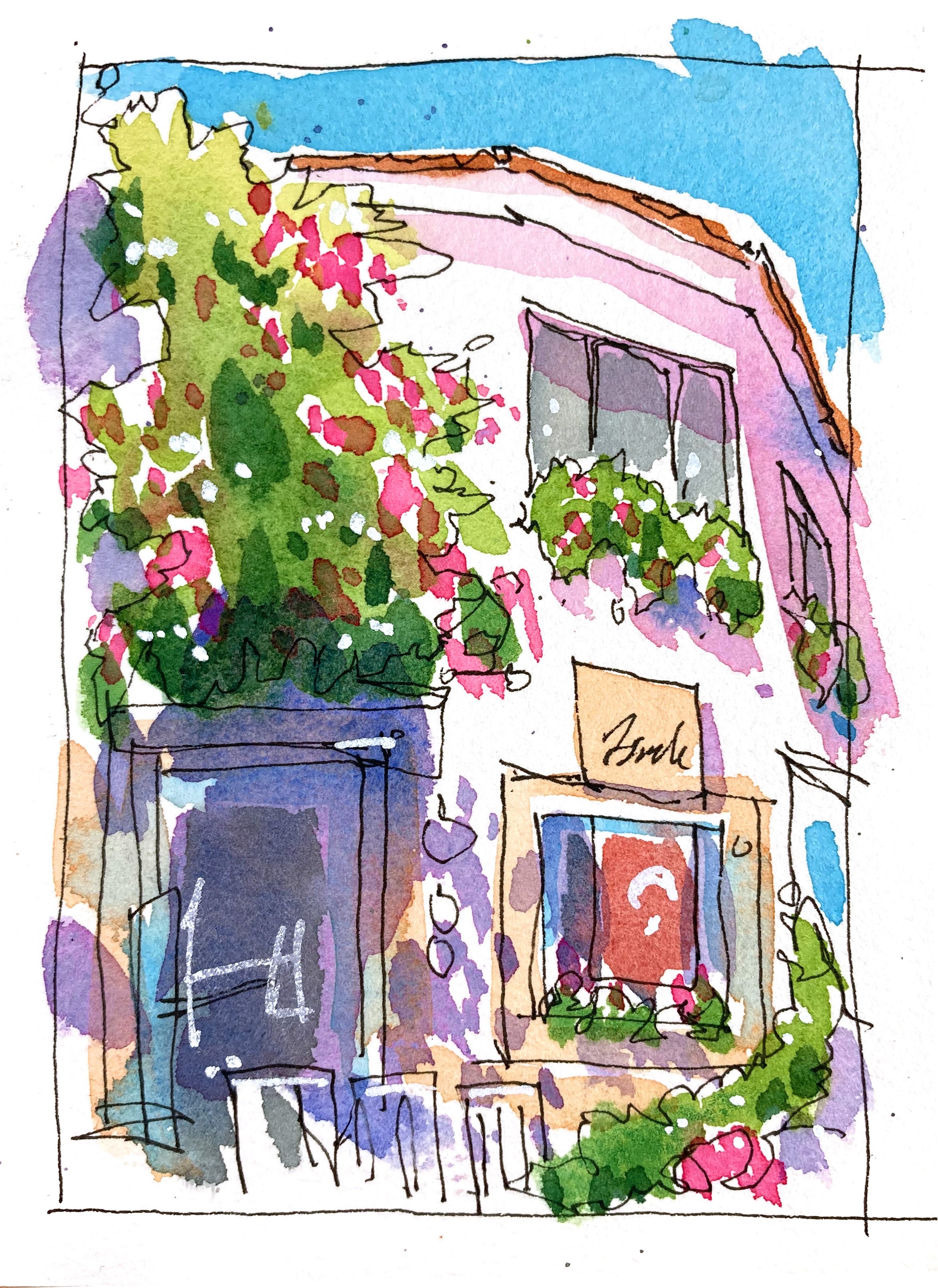 A colorful watercolor sketch of a building façade with windows, greenery, and flowers.