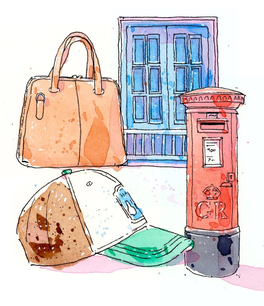 Watercolor illustration of a peach-colored handbag, a gray and brown cap with green visor, a red postal box, and a blue window