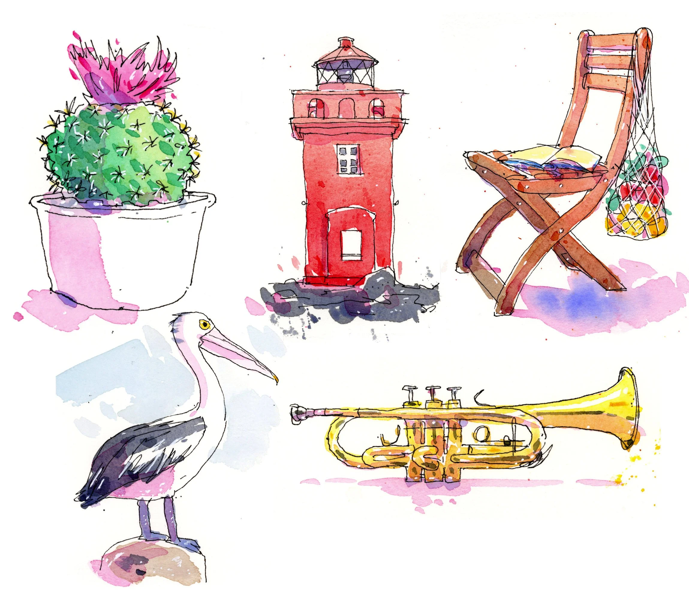Watercolor illustration of a potted cactus with pink flower, a red lighthouse, a wooden folding chair with books and a mesh bag of colorful balls, a stork standing on a rock, and a yellow trumpet.