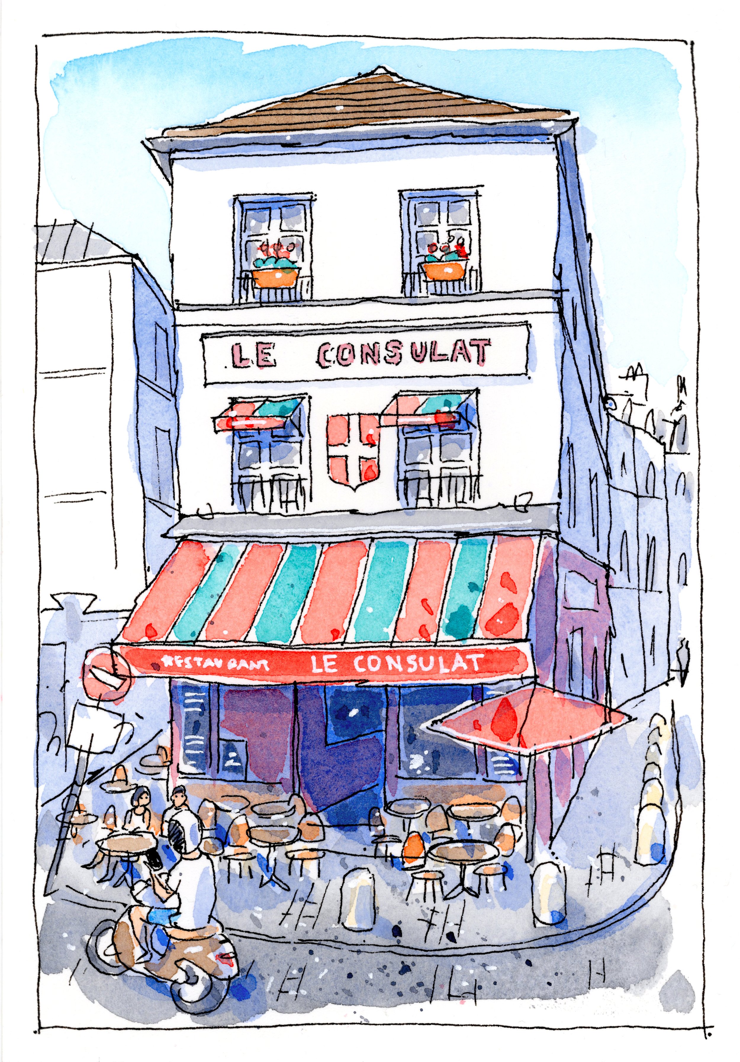 A watercolor illustration of a multi-story building with a restaurant named 'Le Consulat' on the ground floor, featuring outdoor seating and umbrellas, with several people, including a person on a scooter, in front of the restaurant.