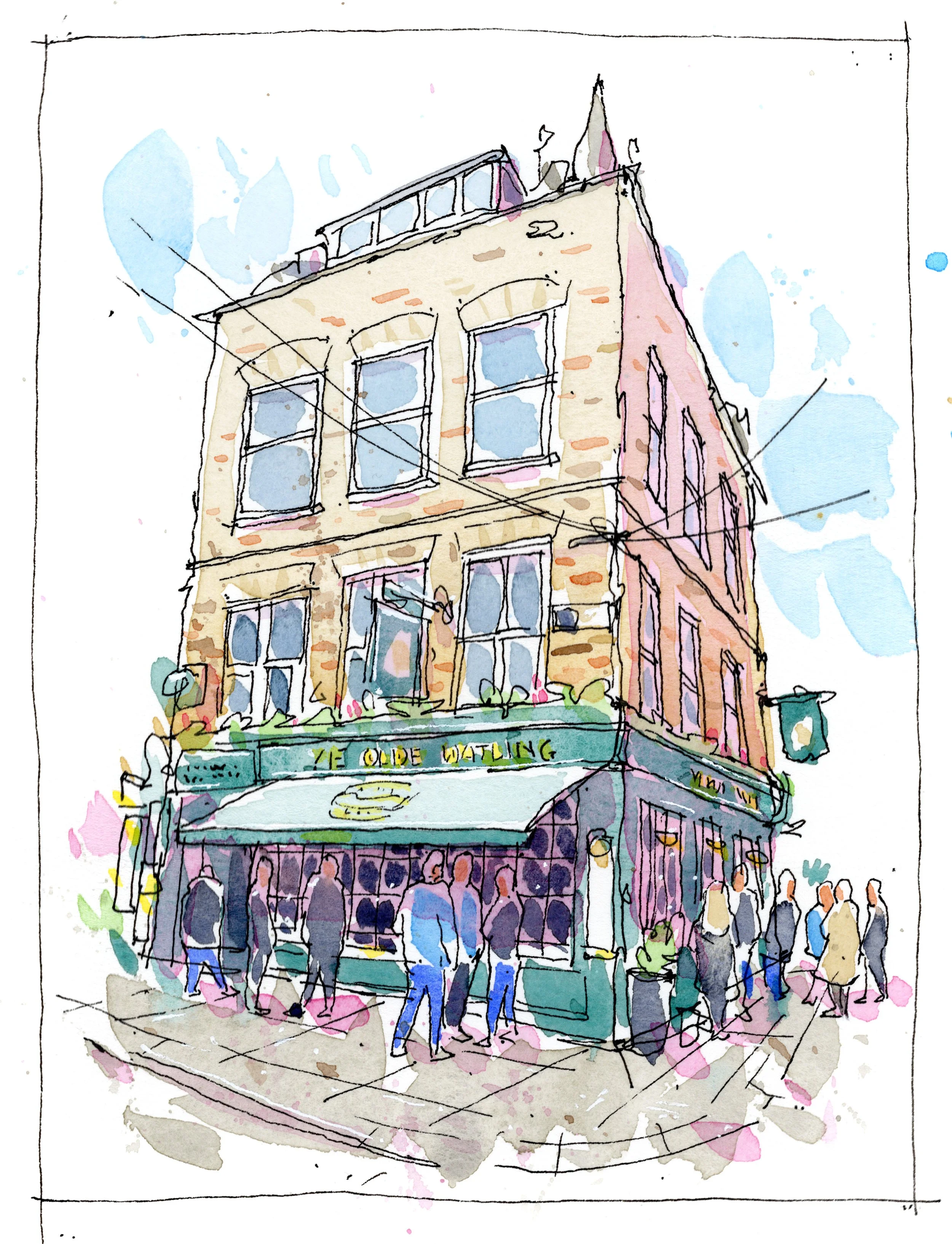 Watercolor illustration of a multi-story building with a pub on the ground floor named "The Olde Watling," with people waiting outside.