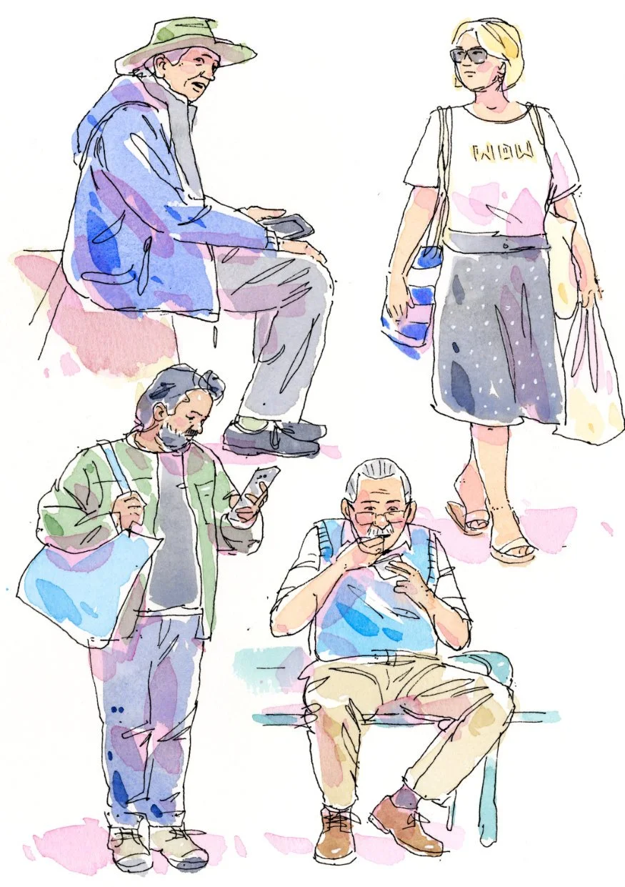 Watercolor illustration of four adults, two men sitting and two women walking, in casual clothing, with the men using smartphones.