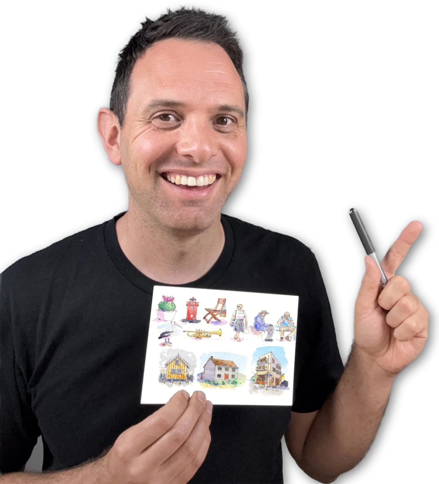 A smiling man holding a small illustrated postcard of houses, a mailbox, and outdoor scenes. He is pointing with his right index finger and holding a pen.