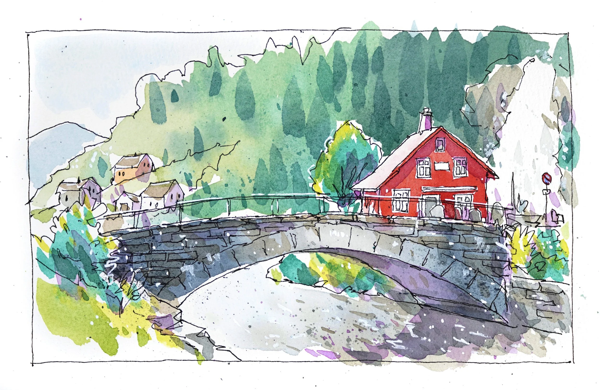 Colorful watercolor illustration of a bridge over a river, with a red house, trees, and houses on a hillside in the background.