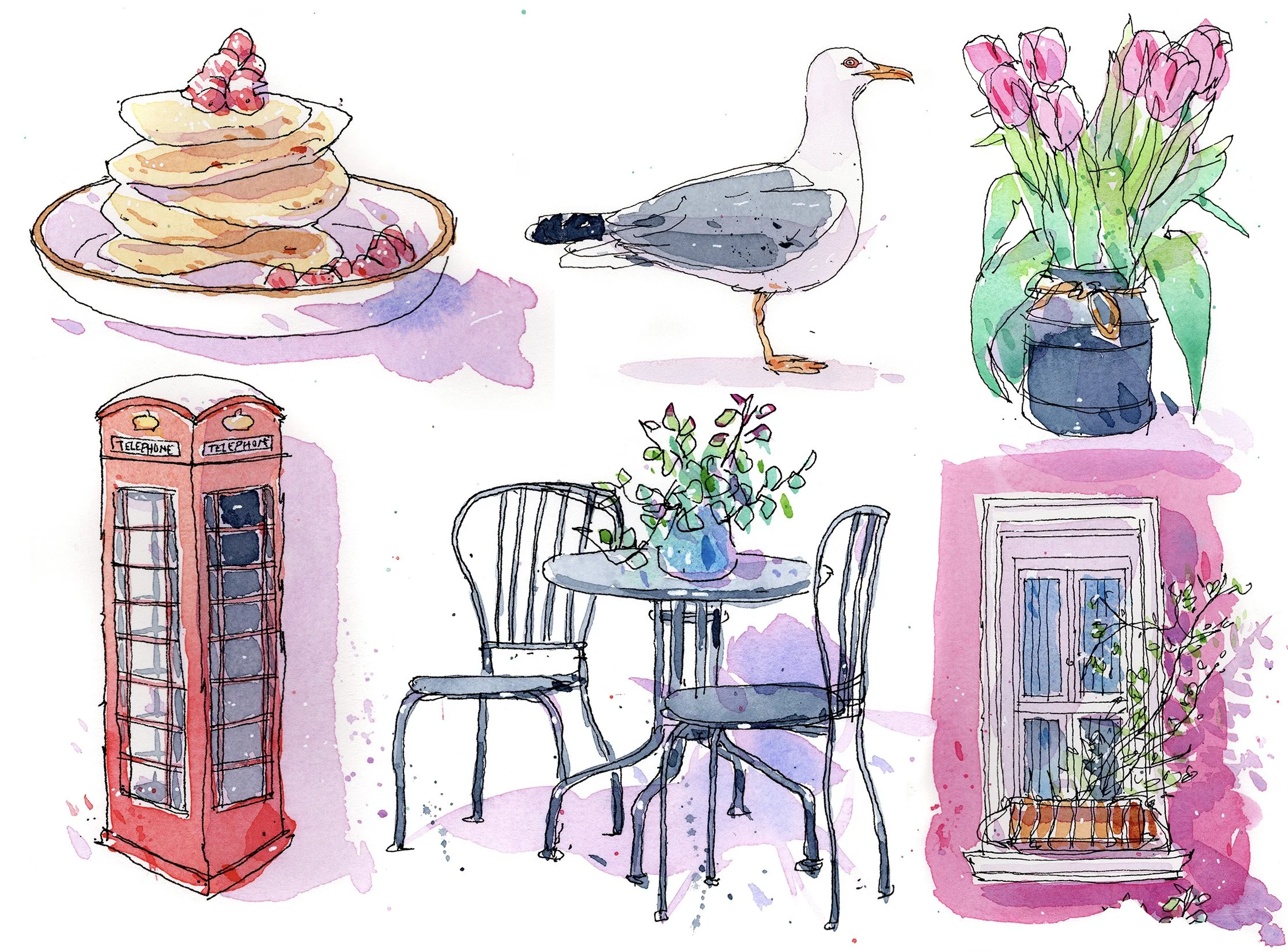A watercolor illustration of a cozy, vintage-style interior with various objects. Includes a stack of pancakes topped with raspberries, a seagull, a jar of pink tulips, a classic red British telephone booth, a round table with a blue vase of flowers 