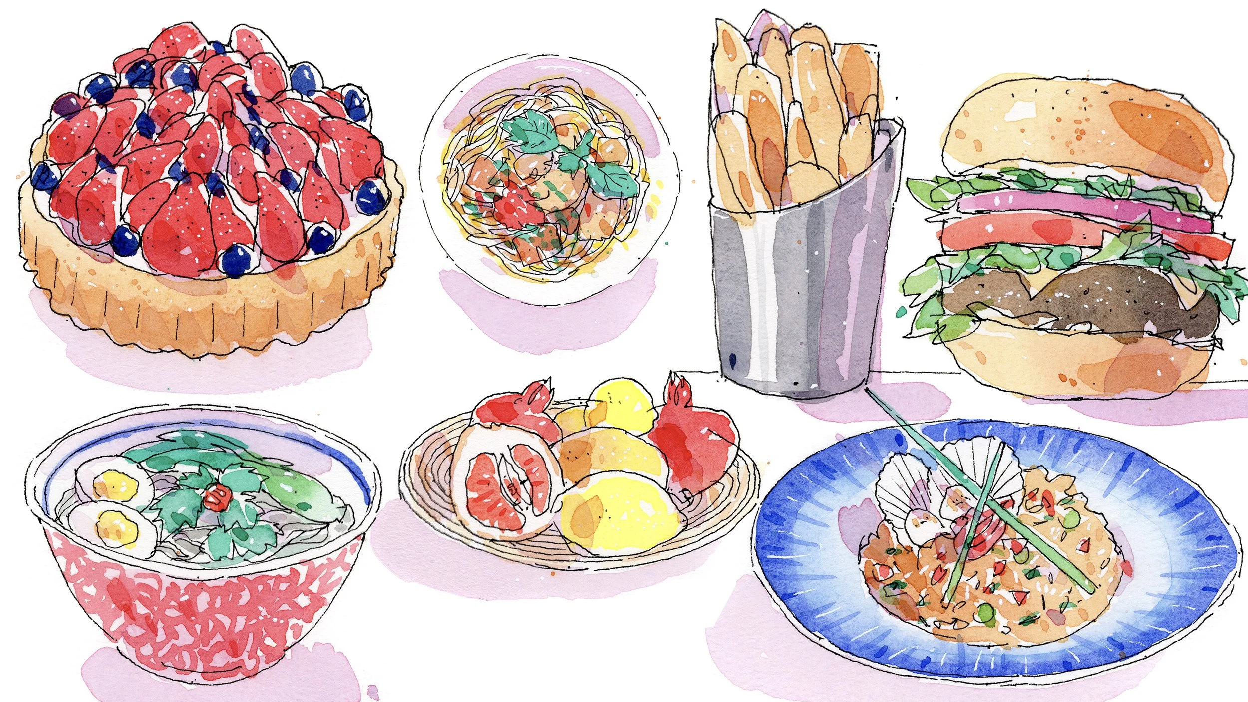 Watercolor illustration of various dishes including a berry tart, spaghetti, French fries, a hamburger, a salad, a fruit plate with strawberries, and a seafood pasta on a blue plate.