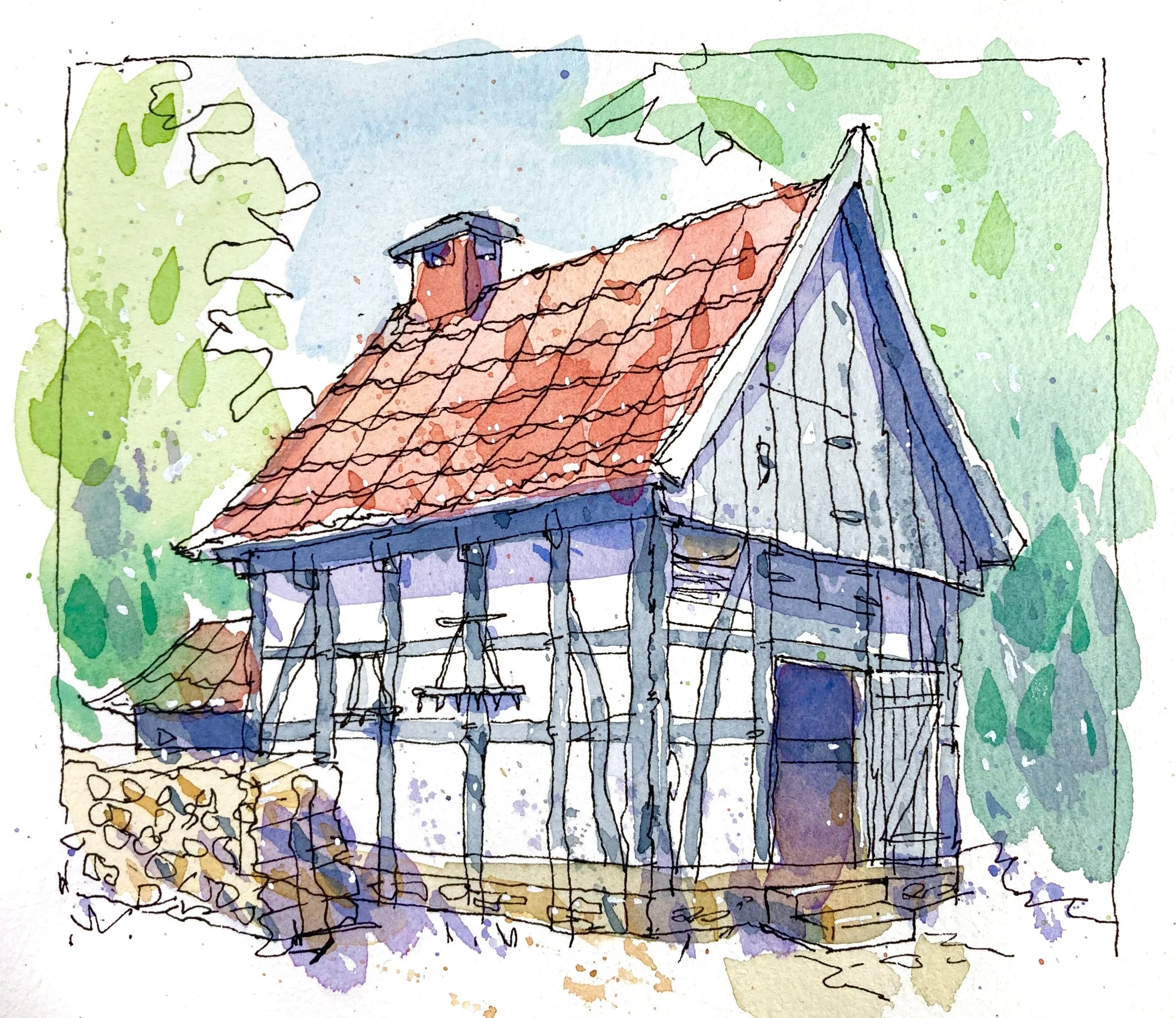 Watercolor illustration of a rustic, wooden house with a red tiled roof, surrounded by green trees and foliage.
