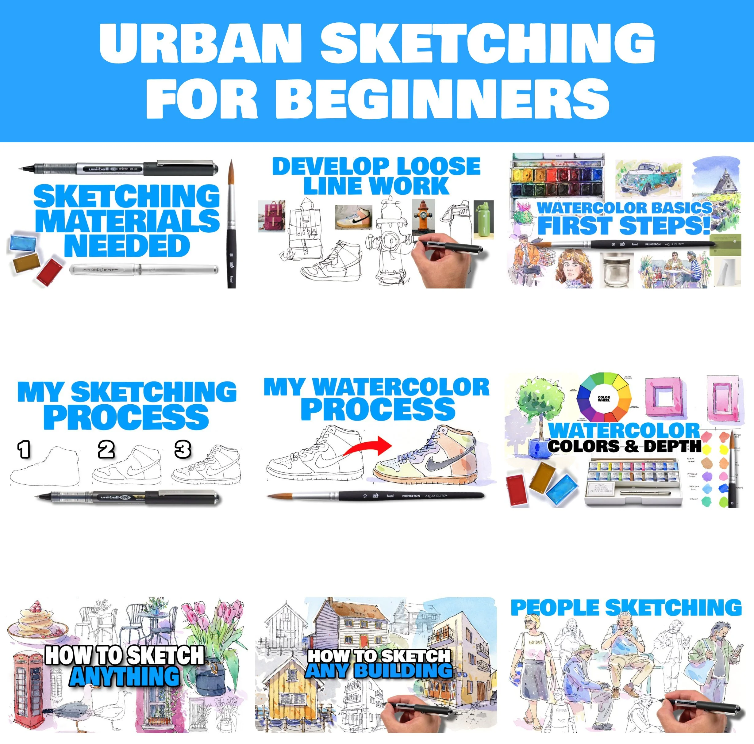A colorful instructional banner titled 'Urban Sketching for Beginners' that introduces basic art supplies, techniques, and subjects for sketching, including sketching materials, developing loose line work, watercolor basics, sketching processes for shoes and watercolor art, and tips for sketching anything, buildings, and people.