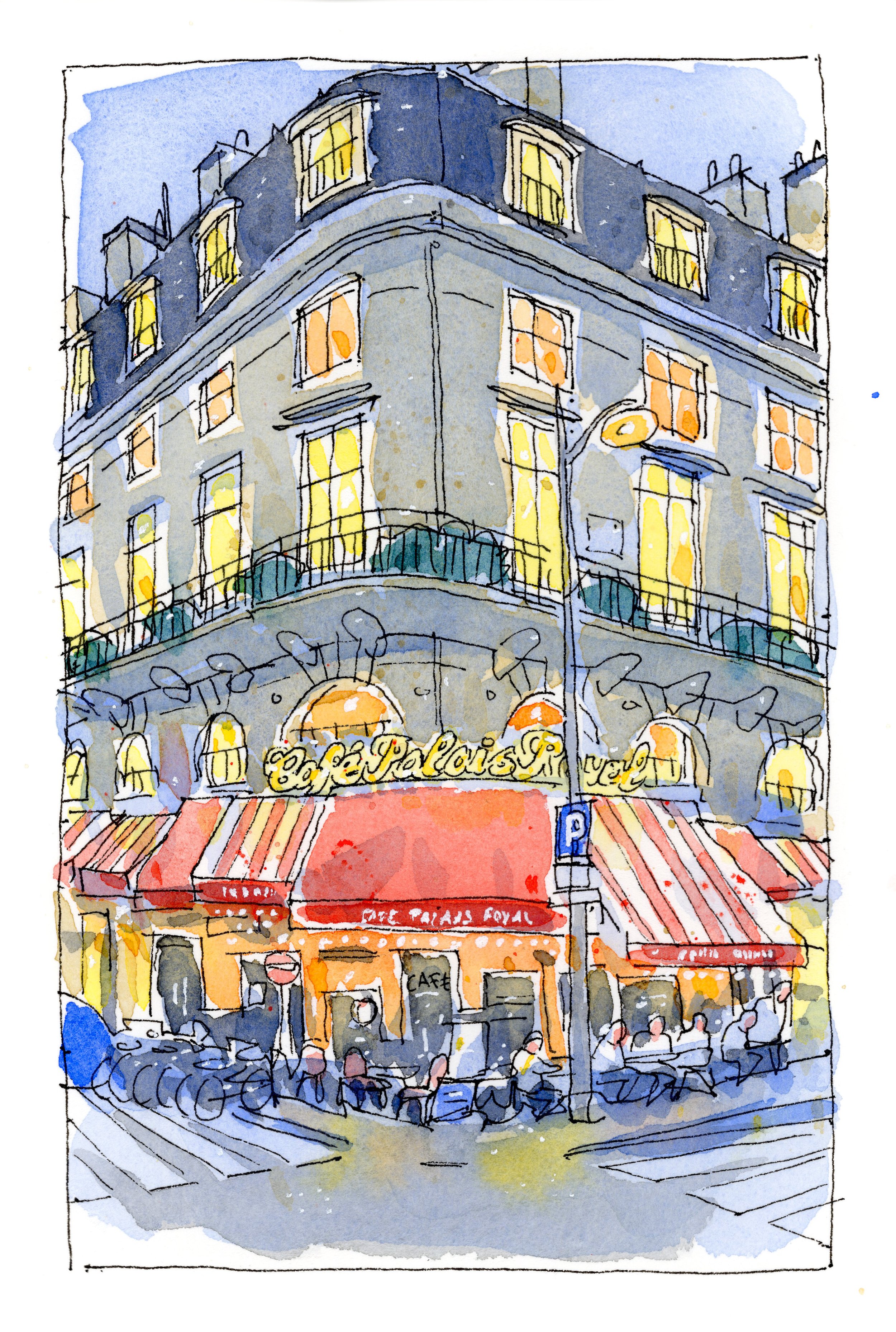 A watercolor painting of a French café called 'O Palais Royal' on a city corner at night, with outdoor seating, a striped red and white awning, and a building with illuminated windows.