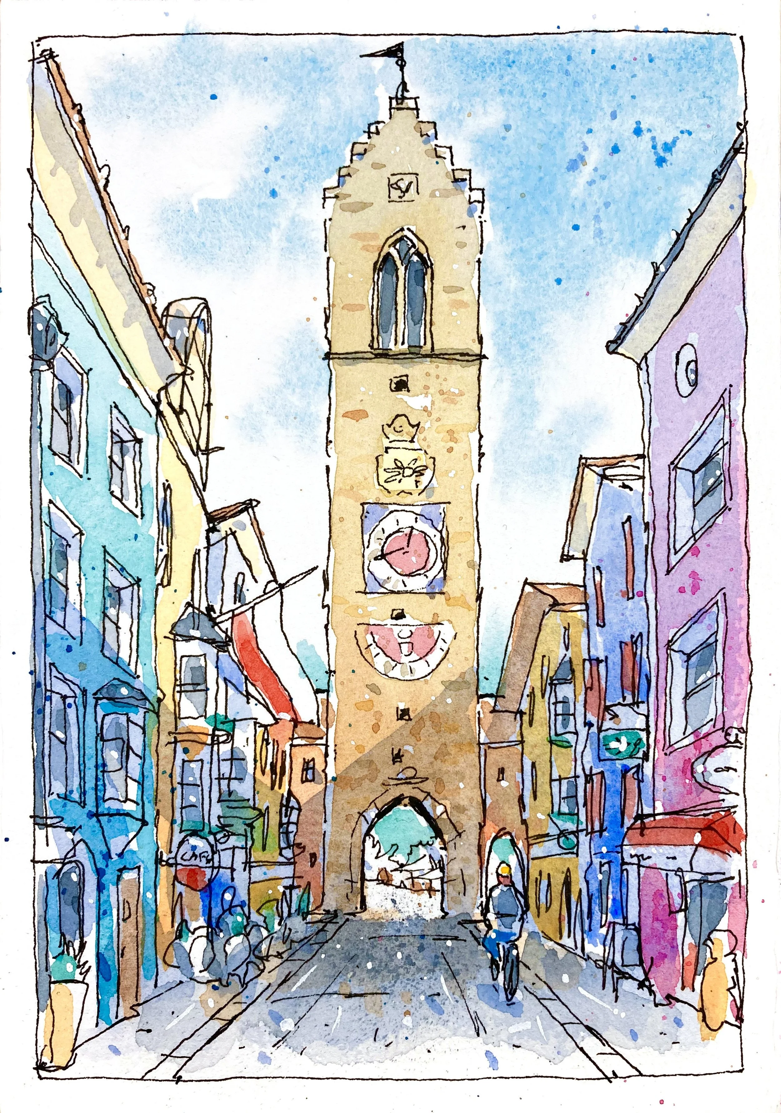 Colorful watercolor painting of a street scene with a tall clock tower in the center, surrounded by pastel-colored buildings, a cyclist riding, and a person walking on the sidewalk.