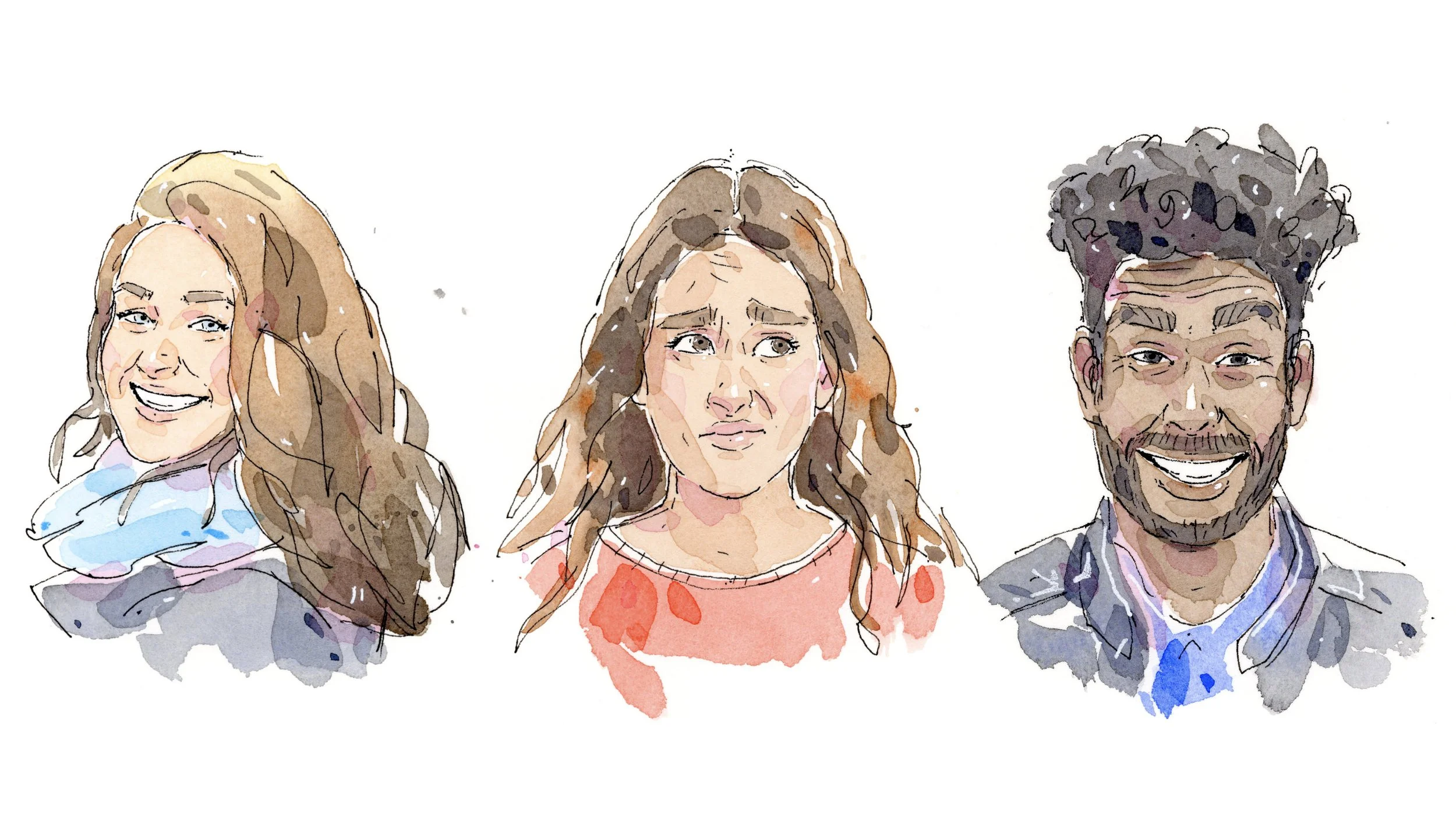 Watercolor illustration of three diverse people expressing different emotions, with a woman on the left smiling, a woman in the middle looking concerned or worried, and a man on the right smiling broadly.