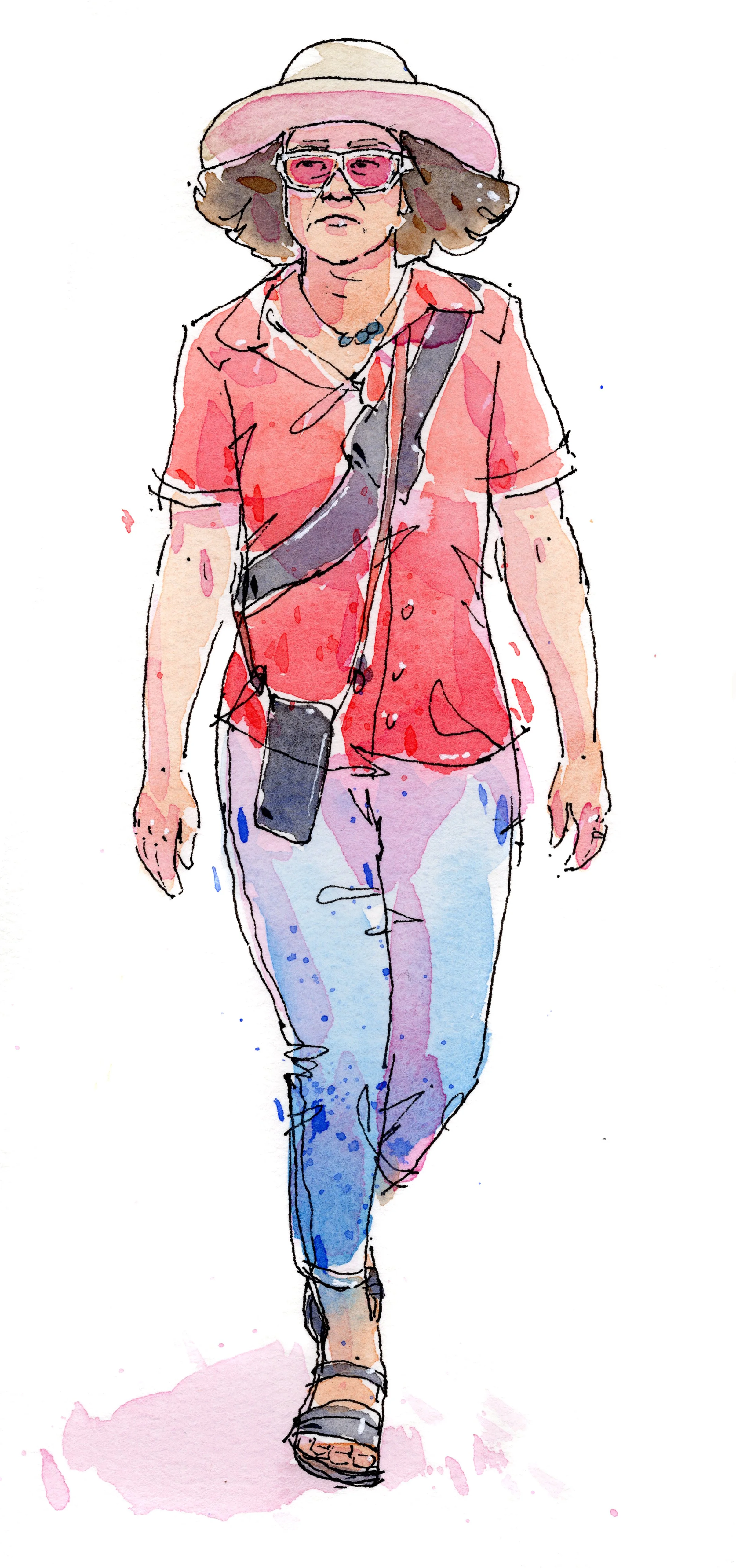 Watercolor illustration of a woman walking, wearing a large sun hat, sunglasses, a pink shirt, light blue jeans, and sandals, carrying a black crossbody bag and a phone.