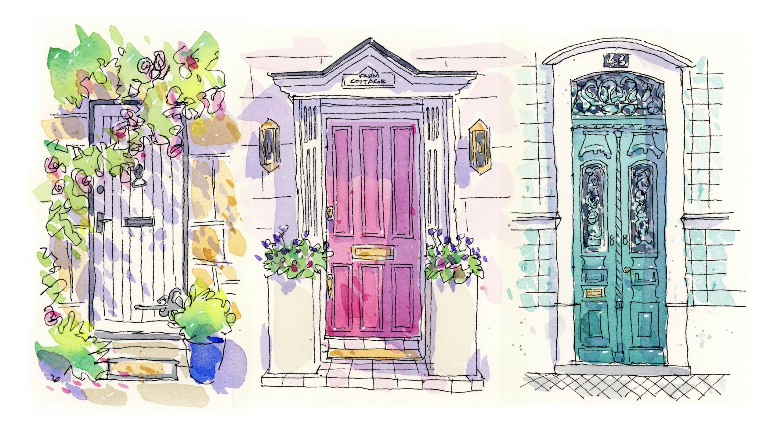 Watercolor illustration of three different front doors on a building, each with unique colors and designs, with plants and flowers around
