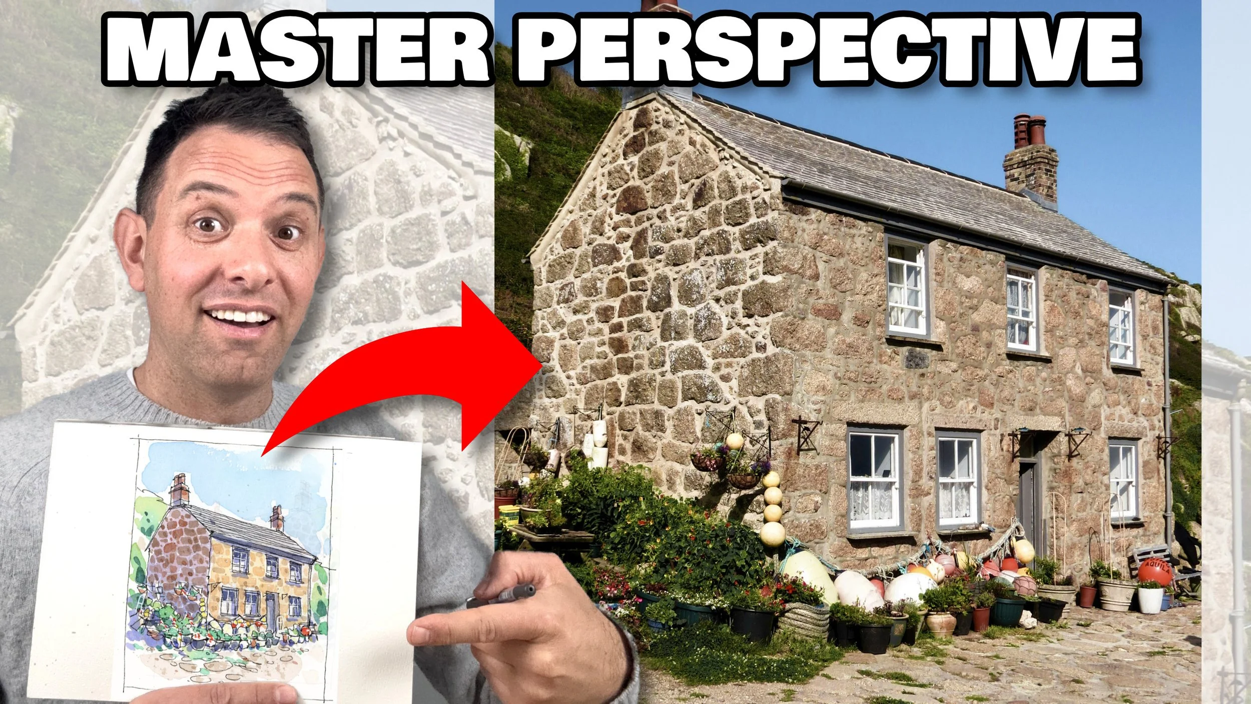 Rustic Stone Cottage in 2-Point Perspective