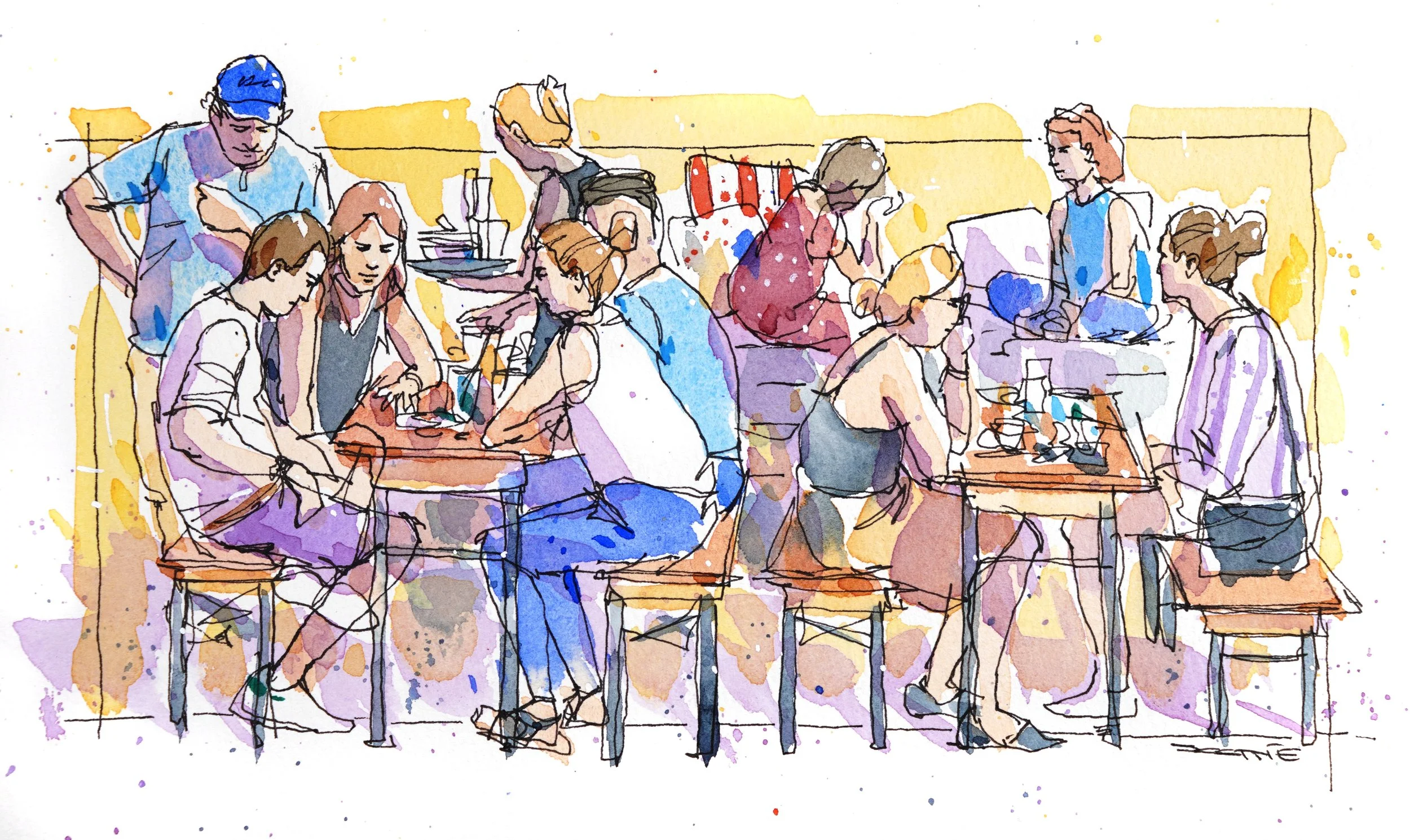 A watercolor sketch of a group of people working together at tables, some using laptops and notebooks, engaged in a collaborative activity or discussion.