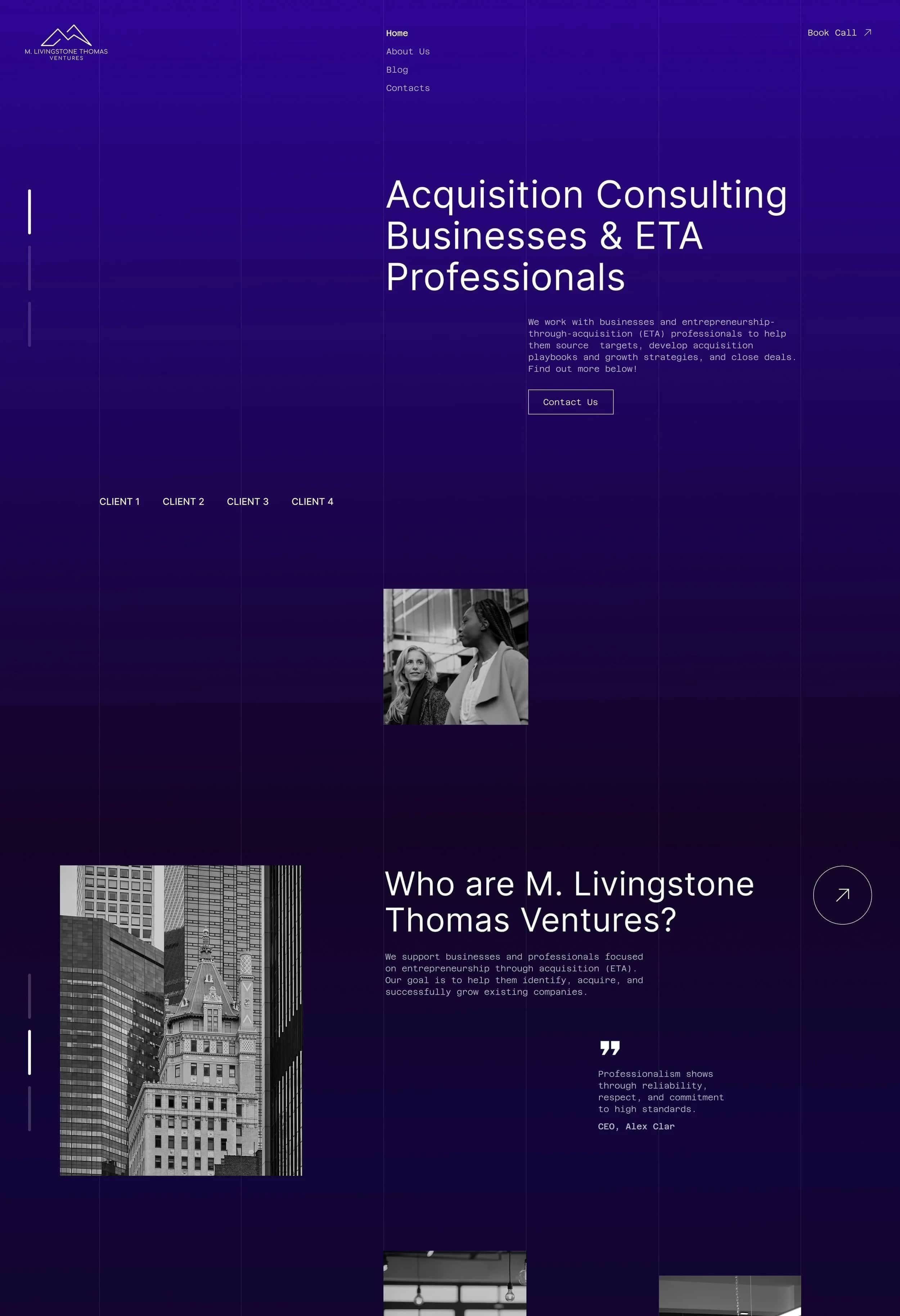 A modern website by a web designer Utah with a purple gradient, business consulting text, navigation links, and grayscale city images.