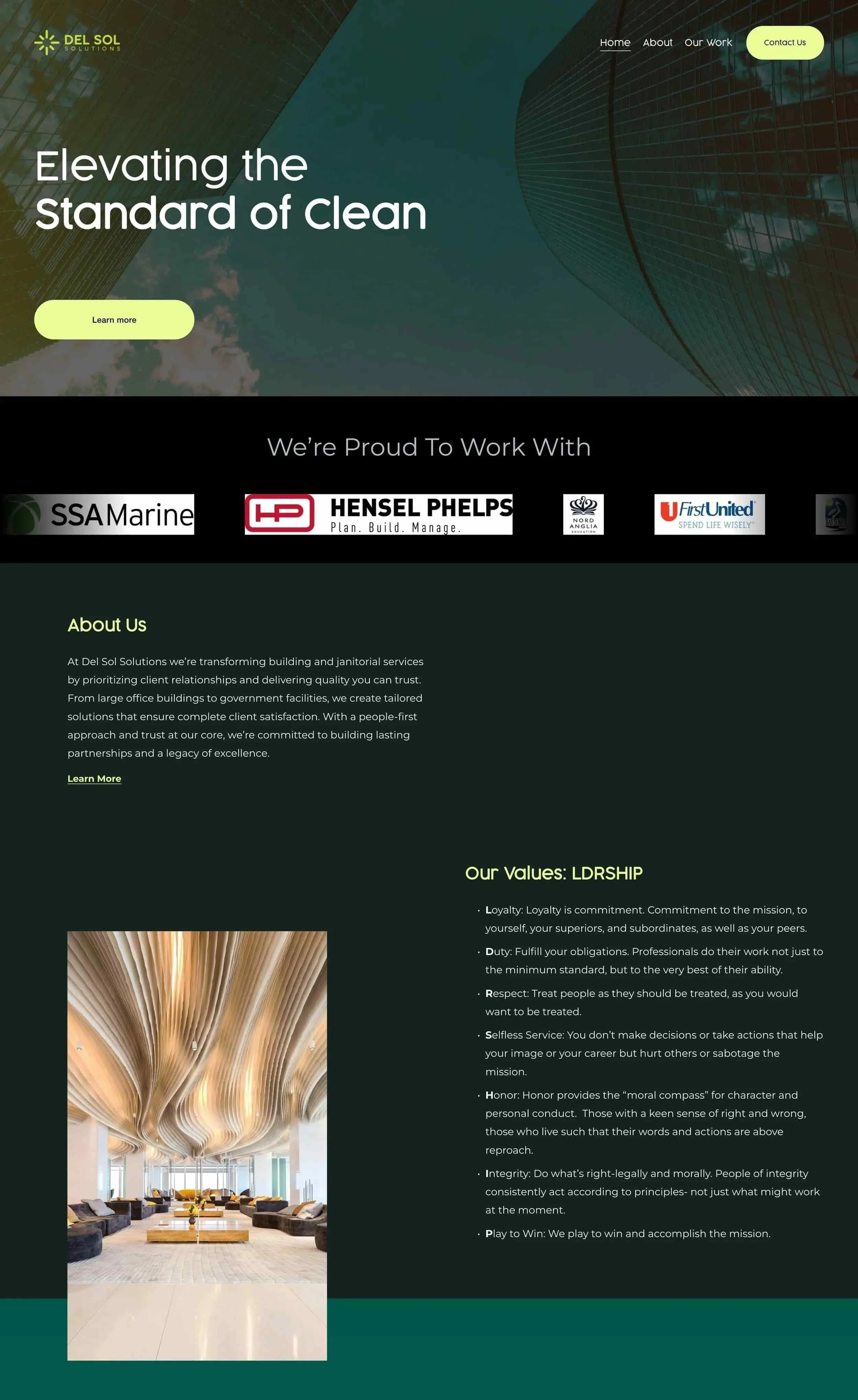 Del Sol Solutions website by a Squarespace web designer, showing services, partners, values, and a modern building background.