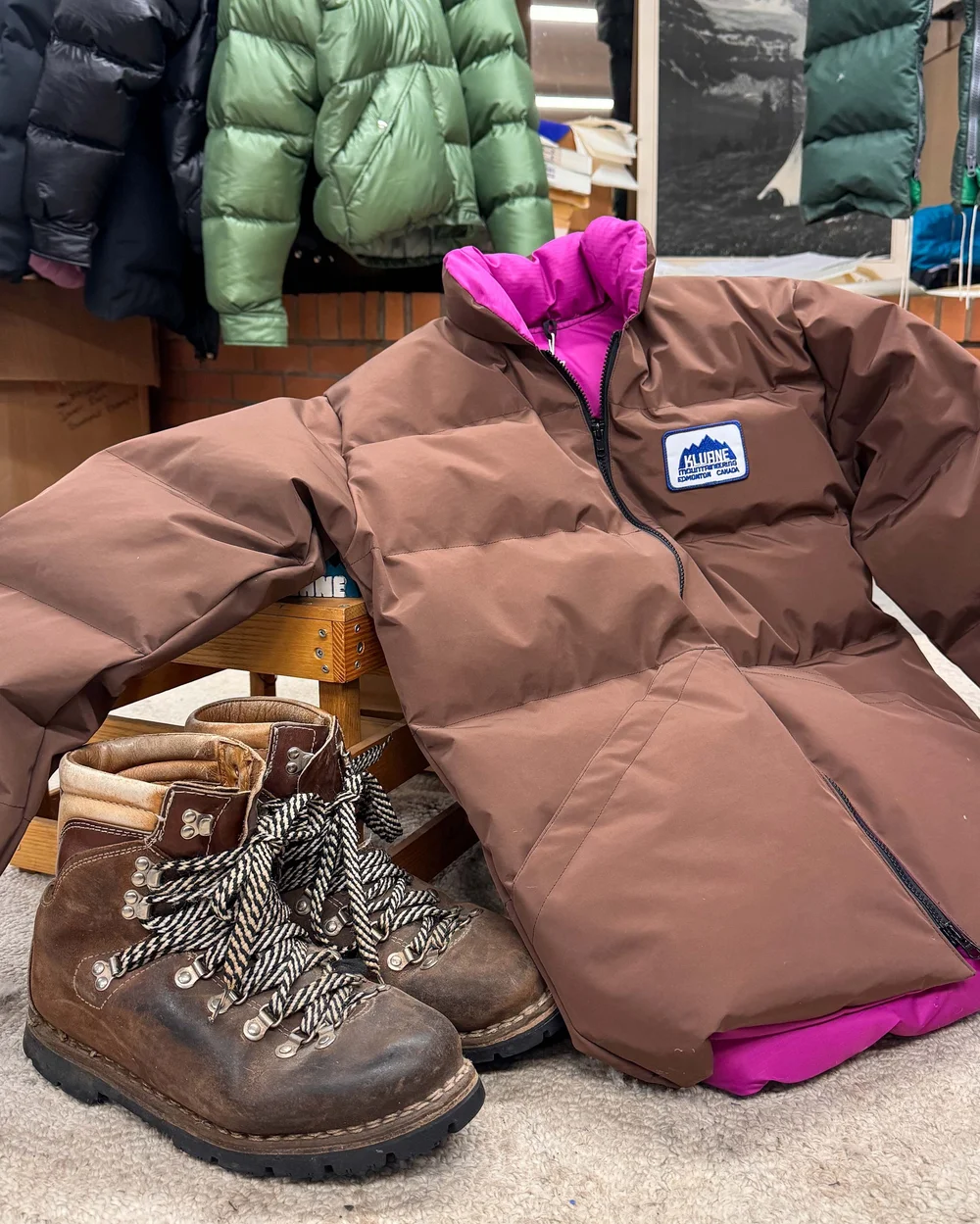 Brown and pink Kluane Inner Parka in workshop