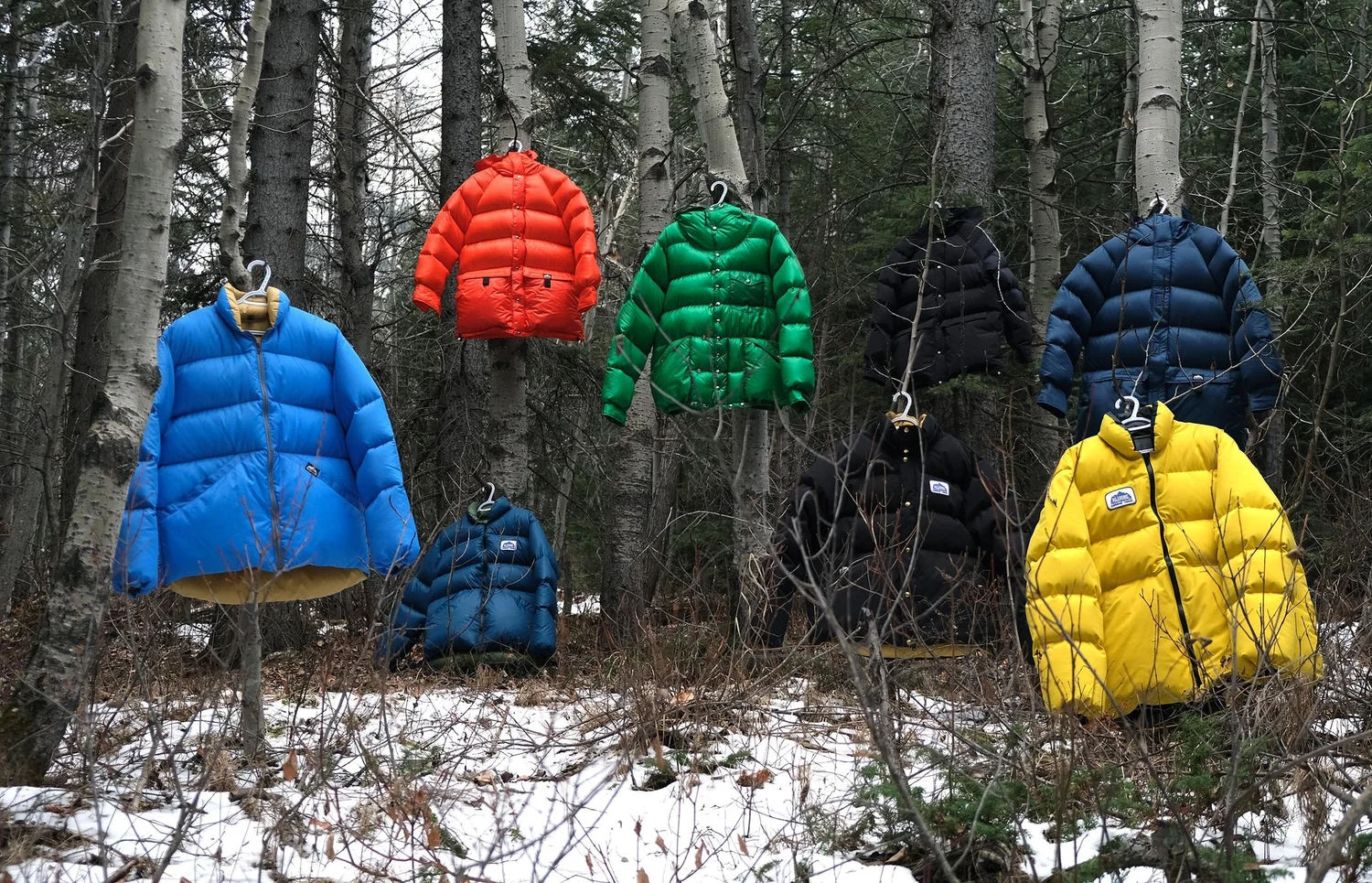 Kluane down jackets hanging in a forest