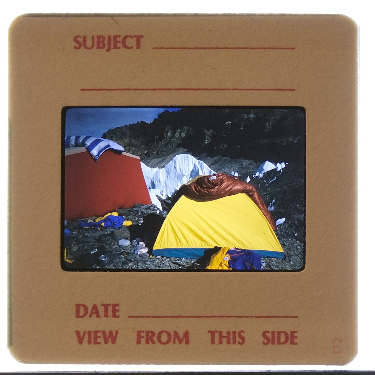 Mounted archival slide associated with Barry Blanchard showing a mountain camp
