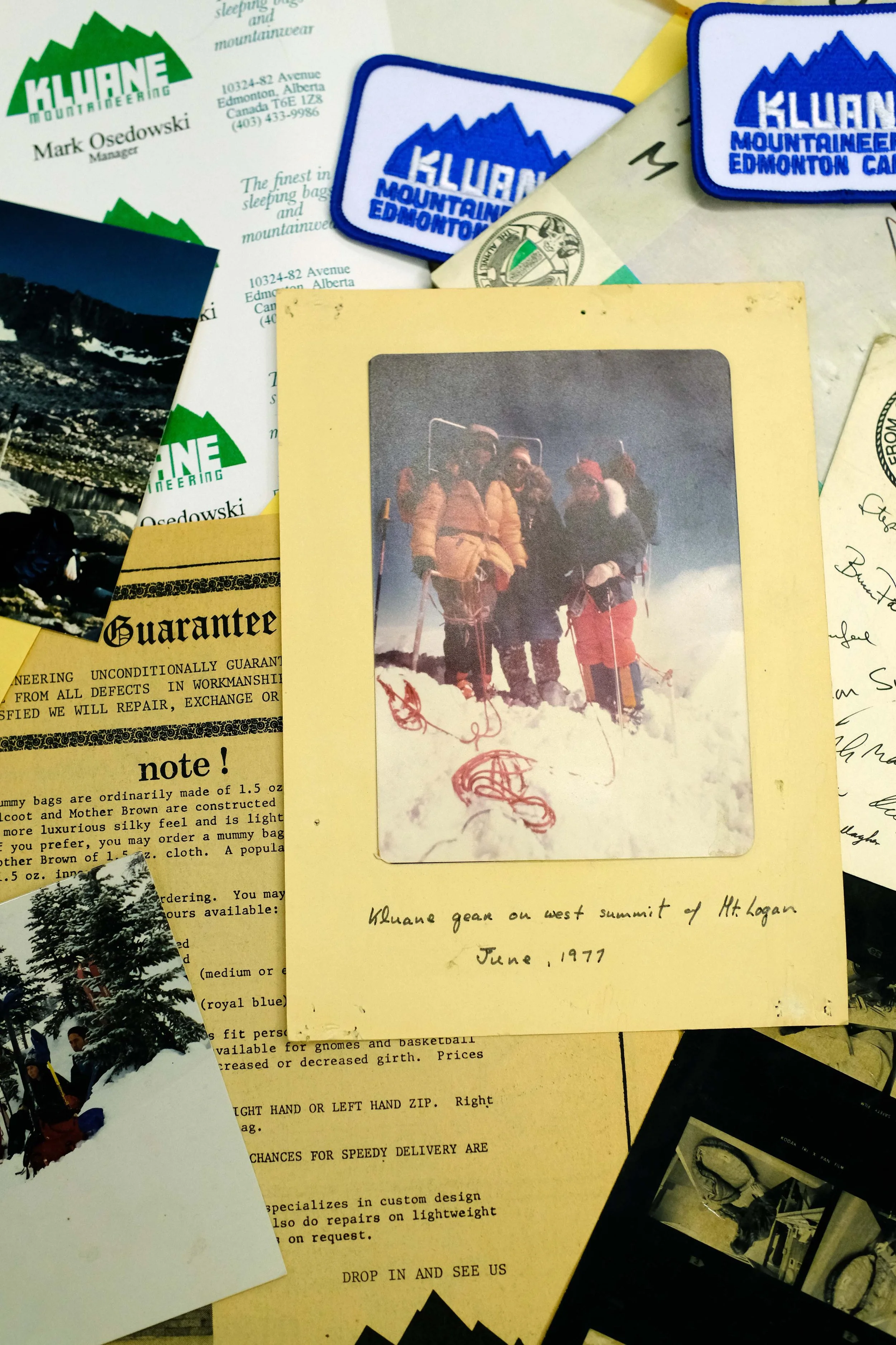 Archival photograph marked Kluane gear on west summit of Mount Logan, June 1977