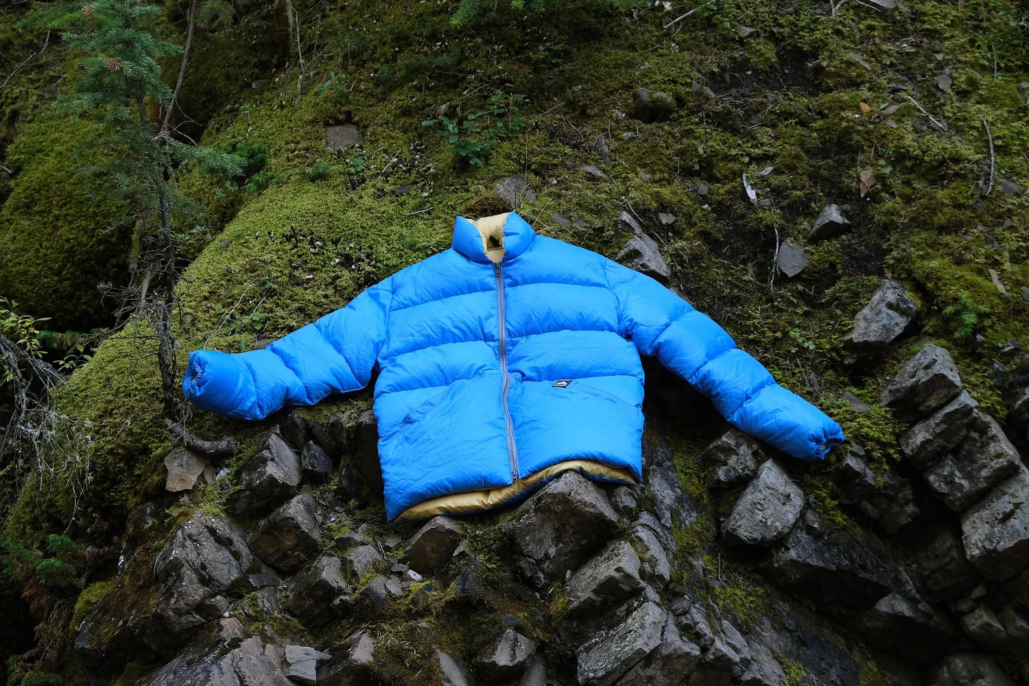 Blue Kluane Inner Parka on mossy rocks