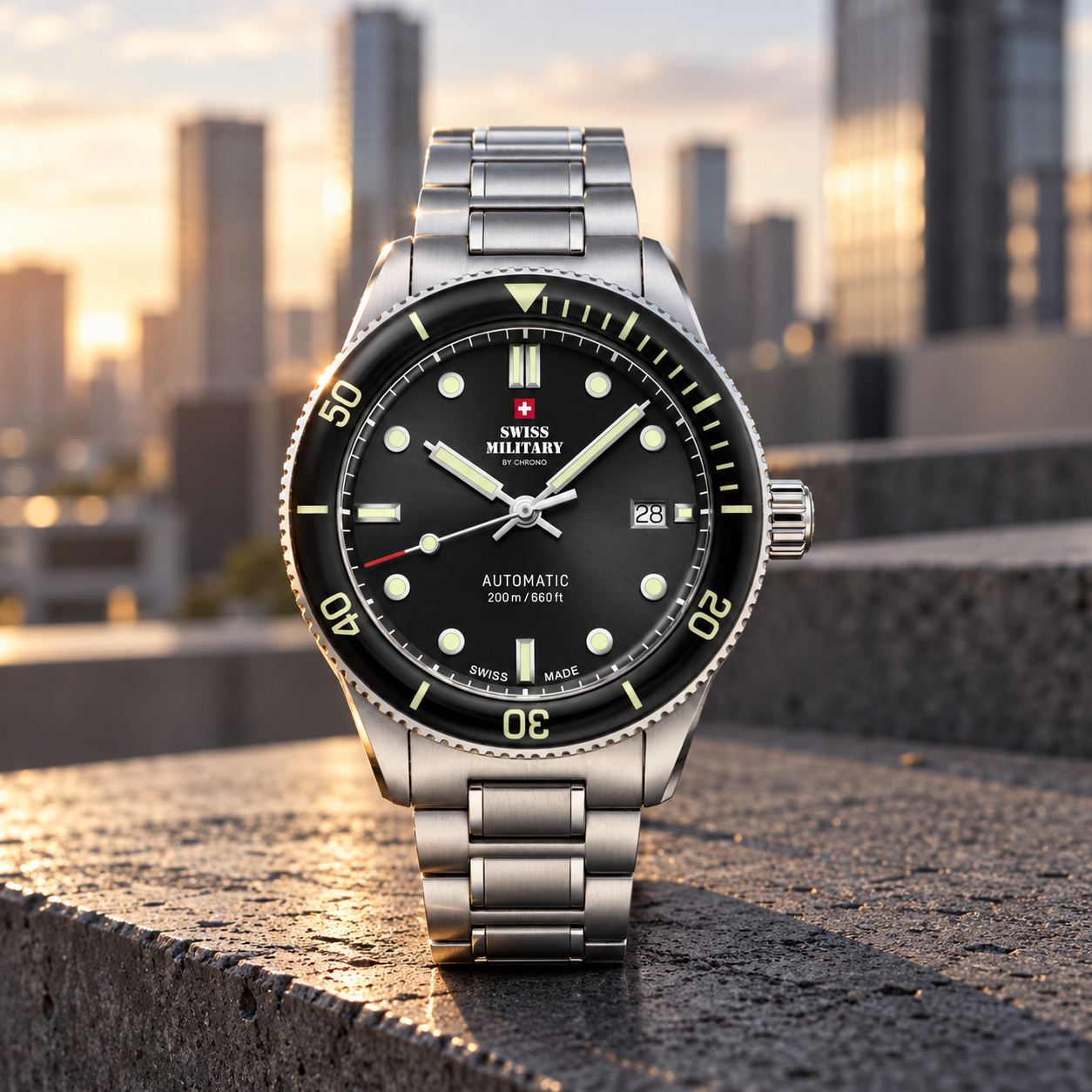 Swiss Military SMA34106-01 watch against an urban skyline at sunset.