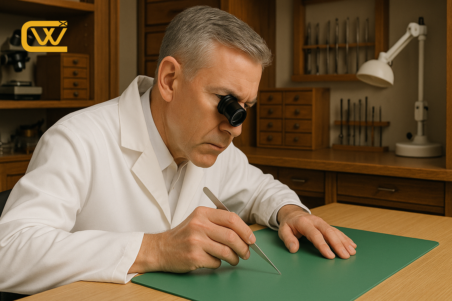 A man in a white lab coat with a head-mounted magnifier, using a precision tool on a green mat in a laboratory or workshop with wooden shelves and antique tools in the background.