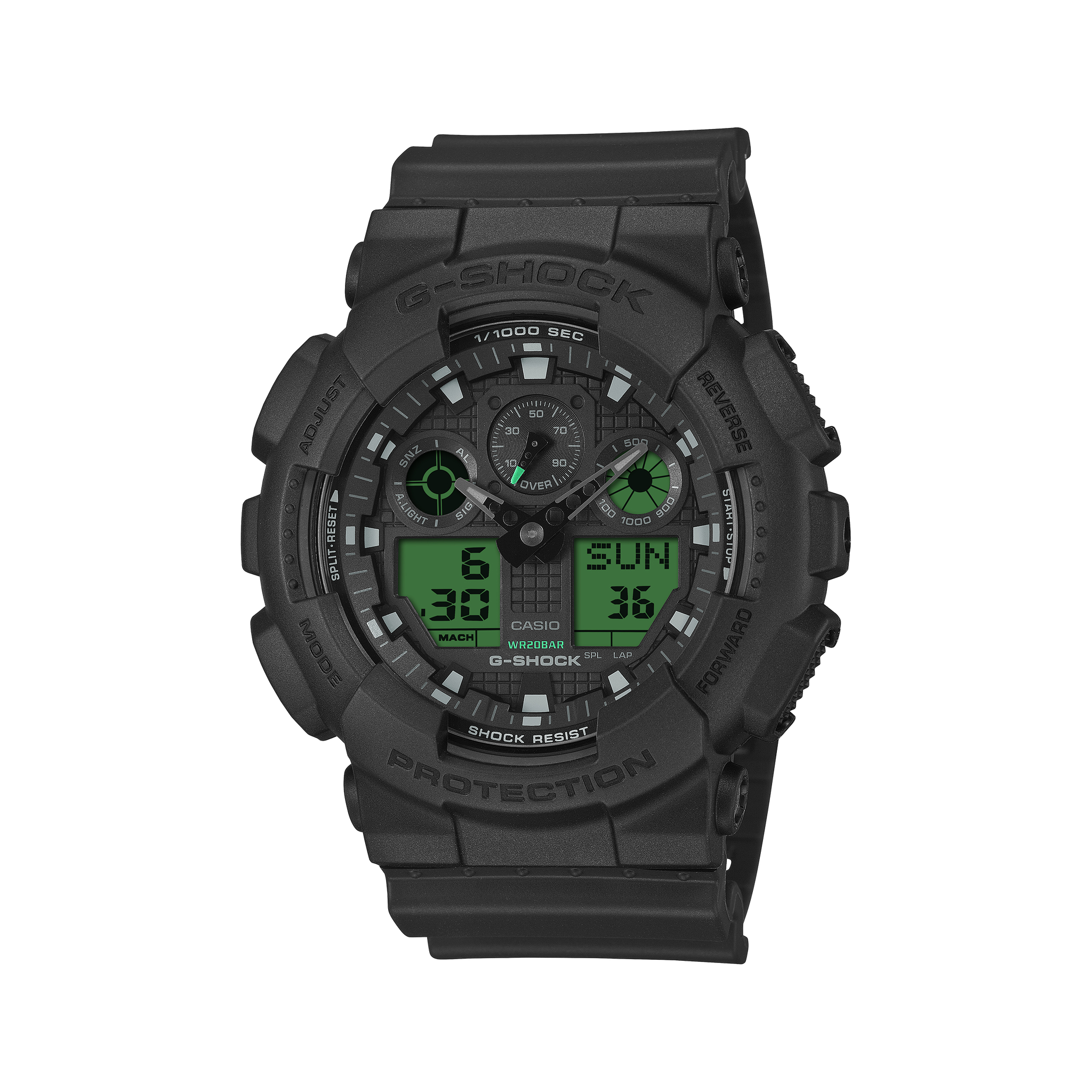 Casio G-SHOCK GA-100BEG-1AER black watch with green digital displays