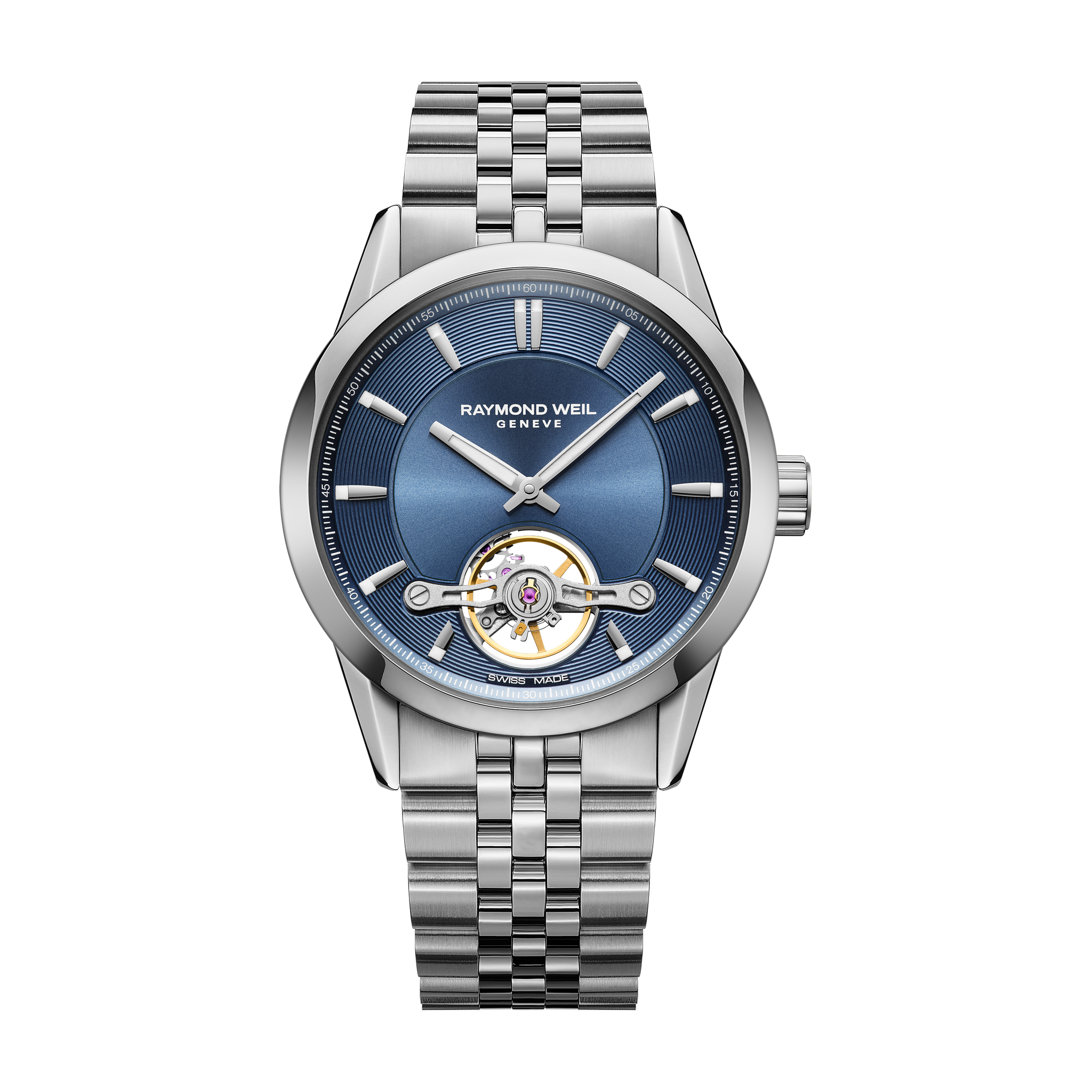 Raymond Weil Freelancer RW1212 2781-ST-50051 blue open-heart watch with stainless steel bracelet
