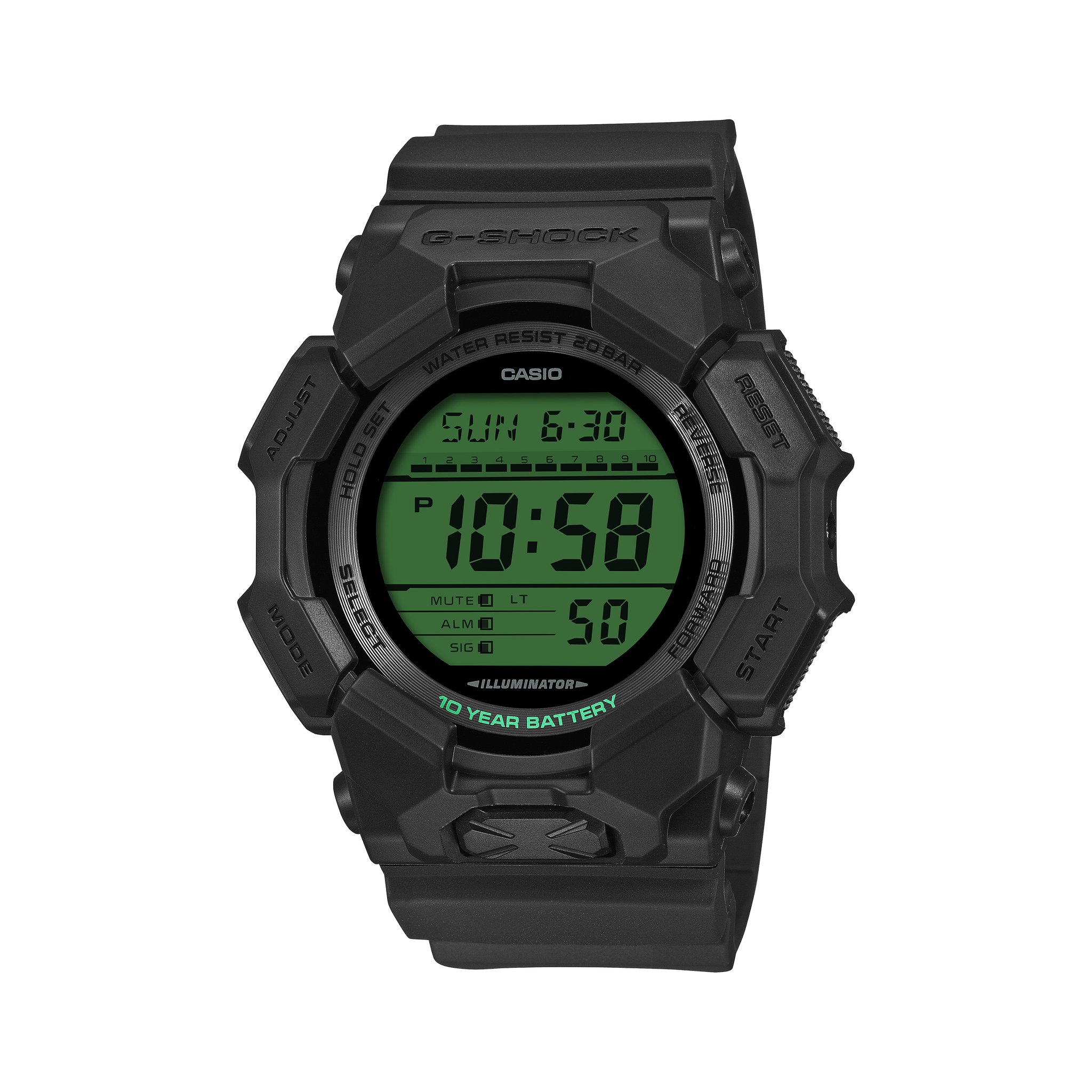 Casio G-SHOCK GD-010BEG-1ER black watch with green digital display