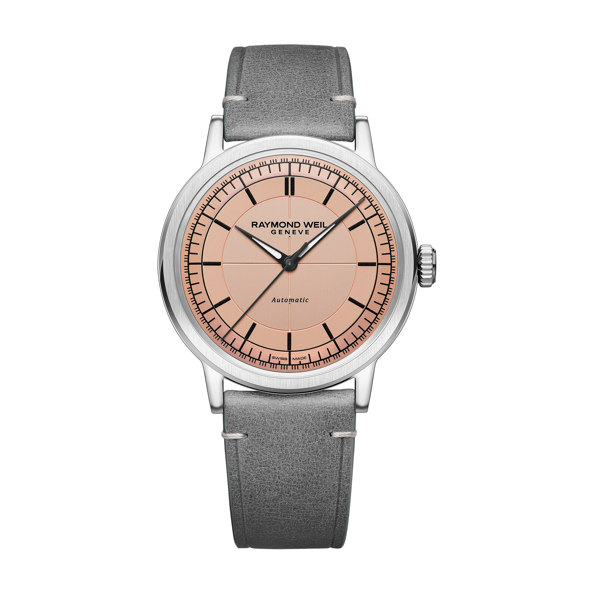 Raymond Weil Millesime 2925-STC-80001 salmon dial with grey leather strap