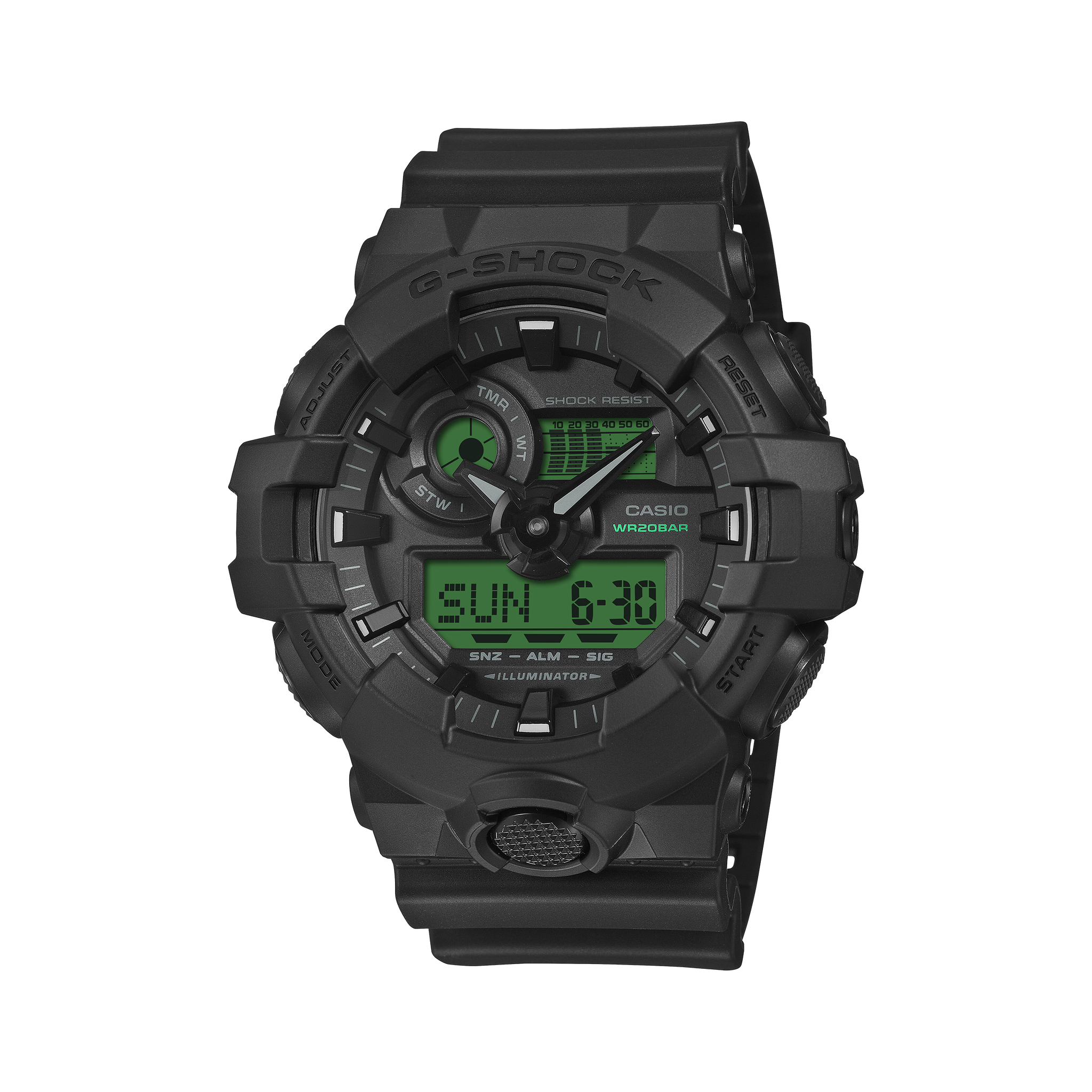 Casio G-SHOCK GA-700BEG-1AER black watch with green digital displays