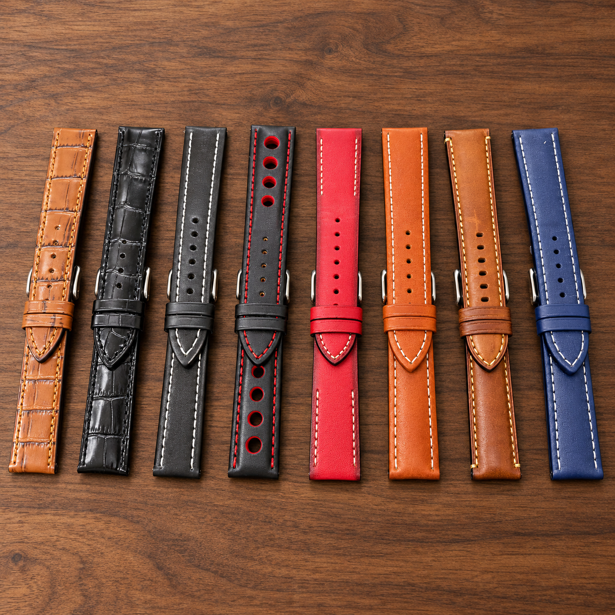 Leather watch straps in assorted colours on walnut wood. Nicosia.