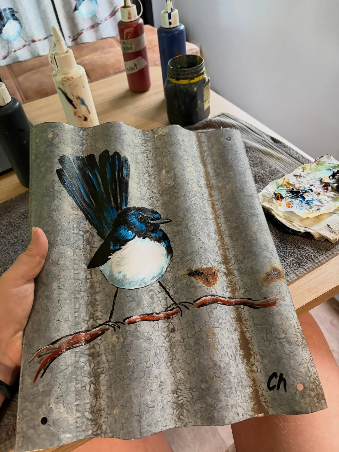 🔥&hellip; still wet and I am in the caravan 

New is a little Willy wag tail. 

First one ever 

Painted with corrugated iron and exterior house paint so it can hang outside.

Message me if you are interested 

Postage Australia wide 

#colleenherbe