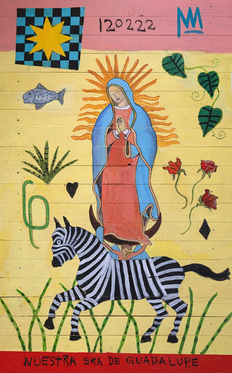 Nuestra Señora De Guadalupe on a Pygmy Zebra
acrylic and collage on pine board | 70 x 44"