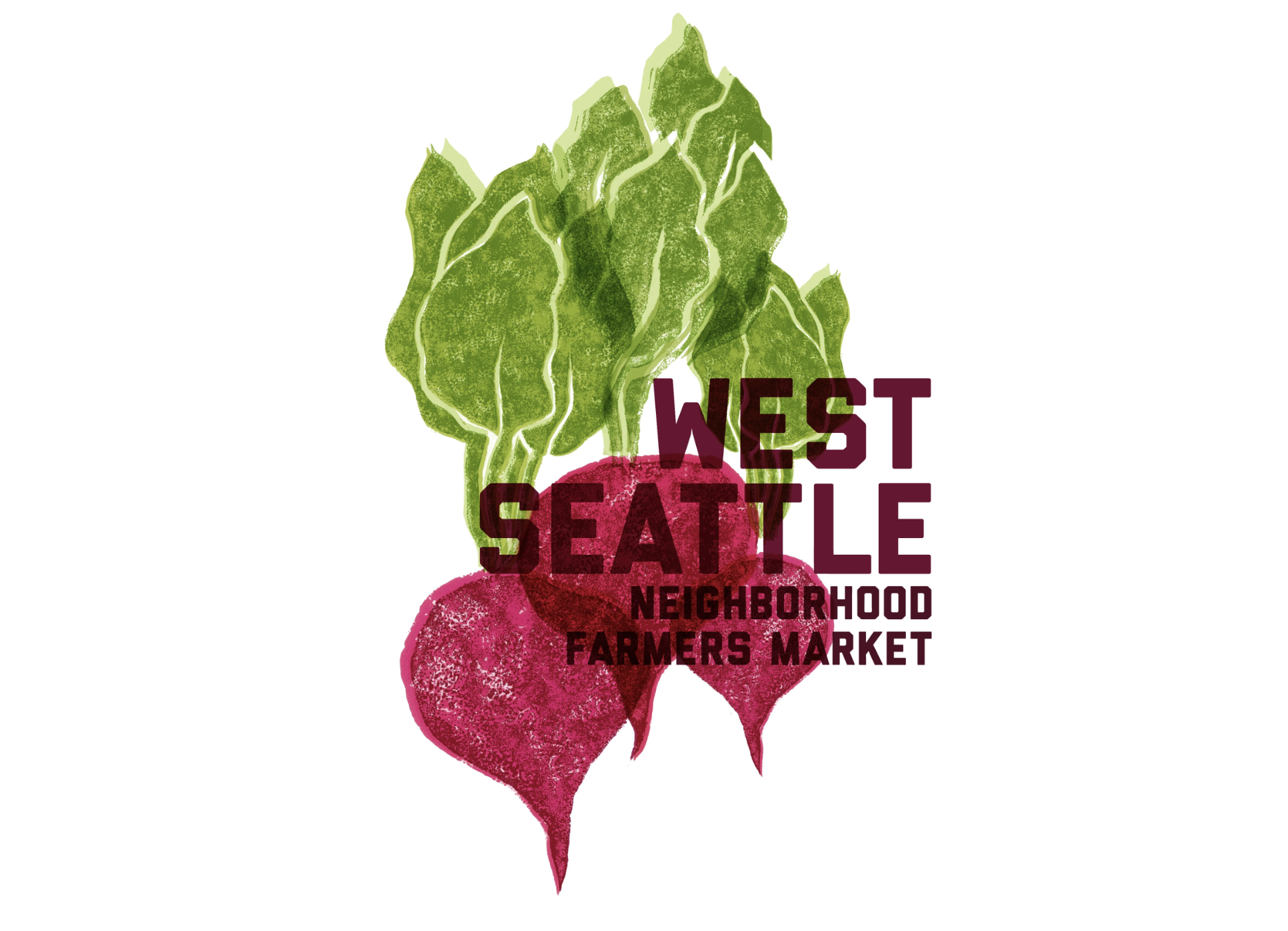 Illustration of radishes with green leaves and red bulbs overlaid with text: "West Seattle Neighborhood Farmers Market".