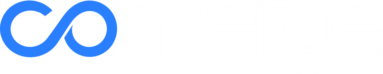 The word 'converge' in stylized text, with the first letter 'c' shaped like a blue infinity symbol and the rest of the letters in black and white.